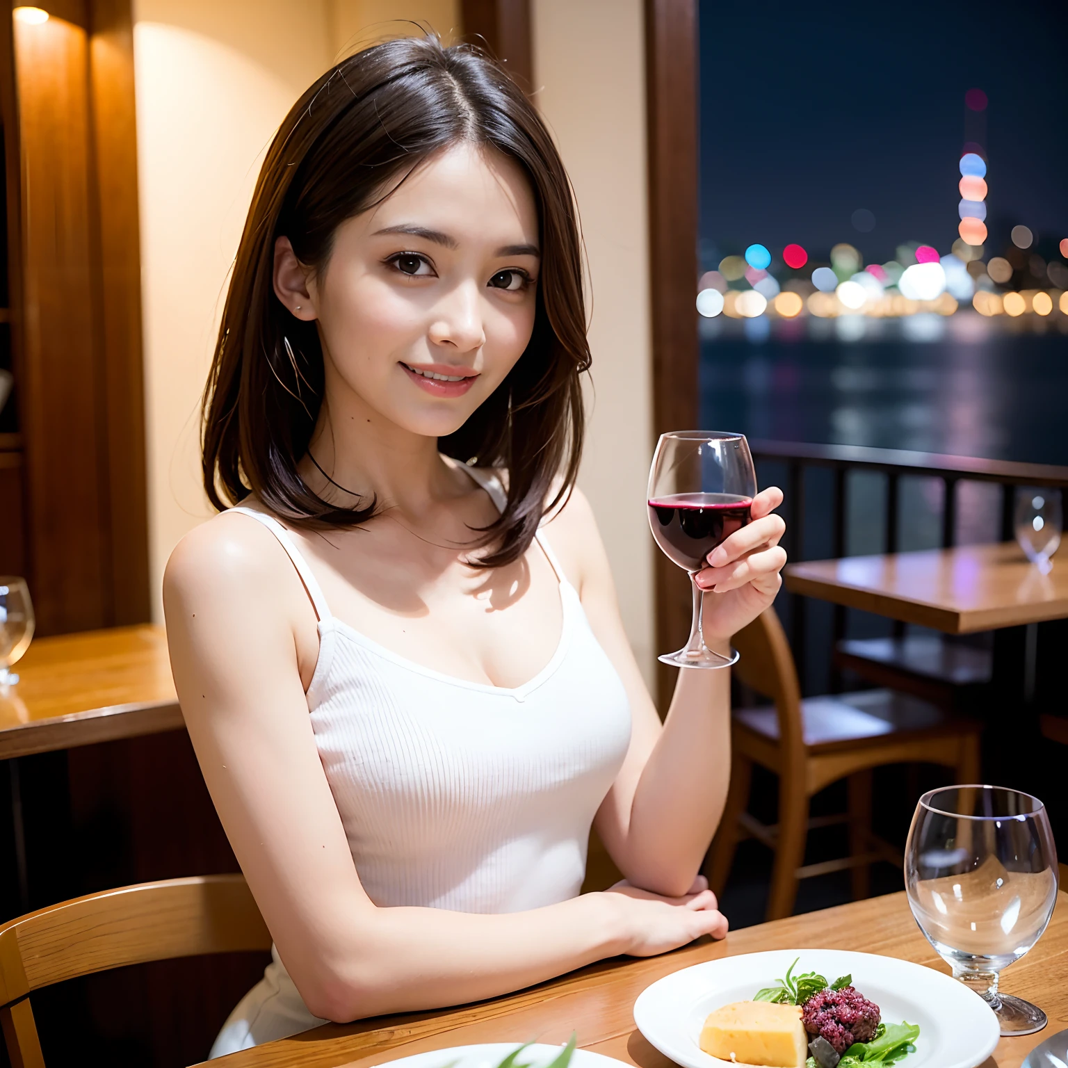 (64K, UHD, top quality, masterpiece: 1.2), (realistic, photorealistic: 1.37), super detailed, pretty woman 1 person, (slim face), (slim body), (brown hair), (short cut), cheeks slightly blushing, (35 years old), 38 years old, solo, beautiful detailed  night view outside the window, restaurant, wine glasses sit, at night, in a prominent place (from the waist up) NovaFrogStyle, Actress, Model, Waist Up, White Wine, Slim, Wine Glass, Super Clean Night View, Wine Glass Put in the Middle, Happy Smile, (Smile: 1.15), Beautiful Fine Eyes, Upper Body, Bust Japan Up, Night, Short, Short, Actress, Model, Waist Up, White Wine, Slim, Wine Glass, Super Clean Night View, Wine Glass Put in the Middle, Happy Smile,