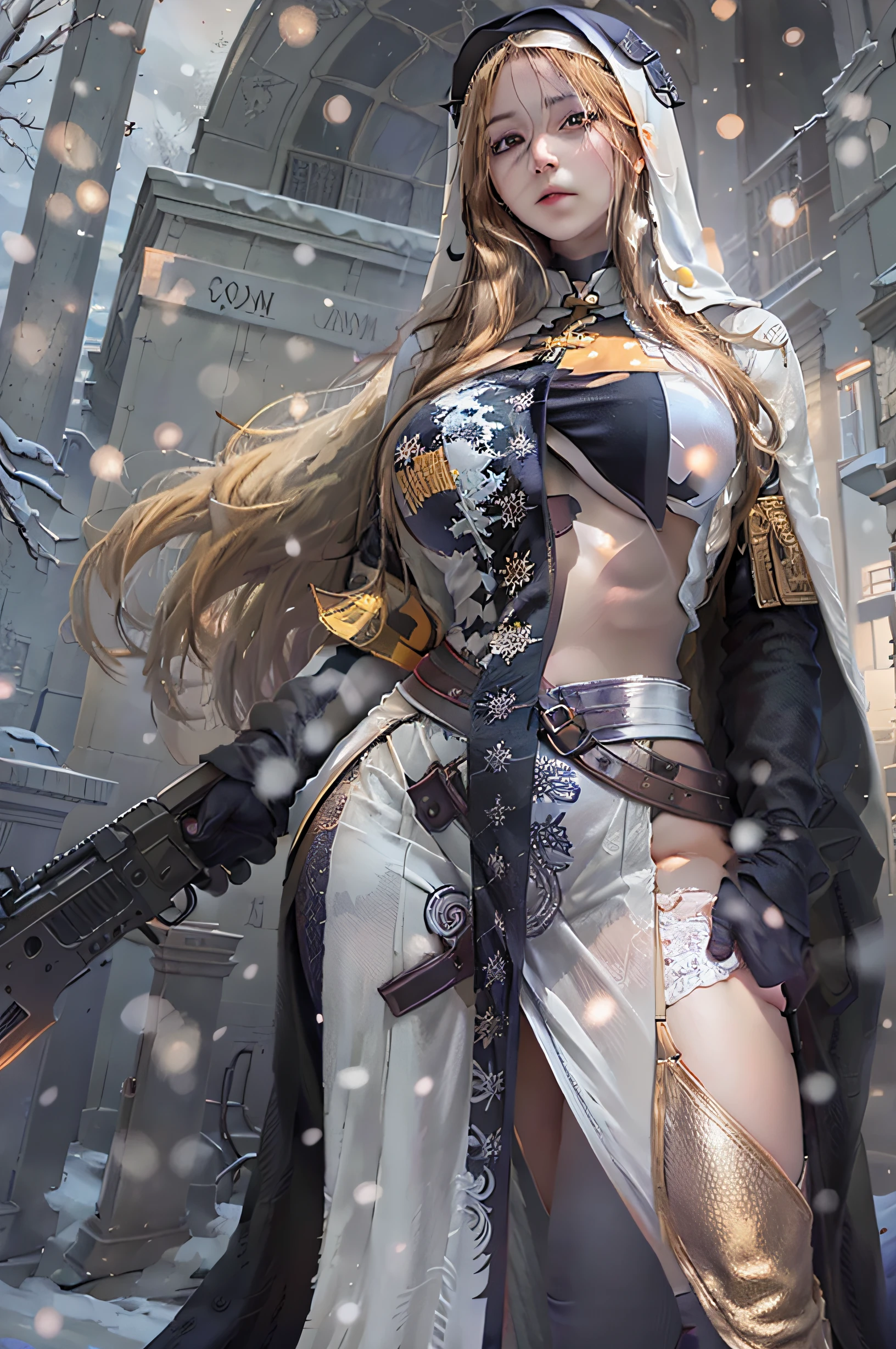 Photorealistic, high resolution, Beautiful tall woman, Solo, Hips up, view the viewer, (Detailed face),golden hair, Long hair, Young lady nun costume, Stockings，Snow background, Girl aiming AK-47 assault rifle