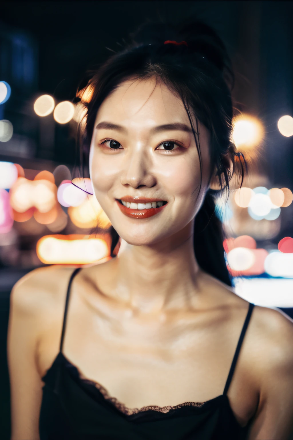 1girl, idol, model, depth of field, photo, film, face, skinny, smile, collarbone,  teeth, movie, camisole, selfie, night,