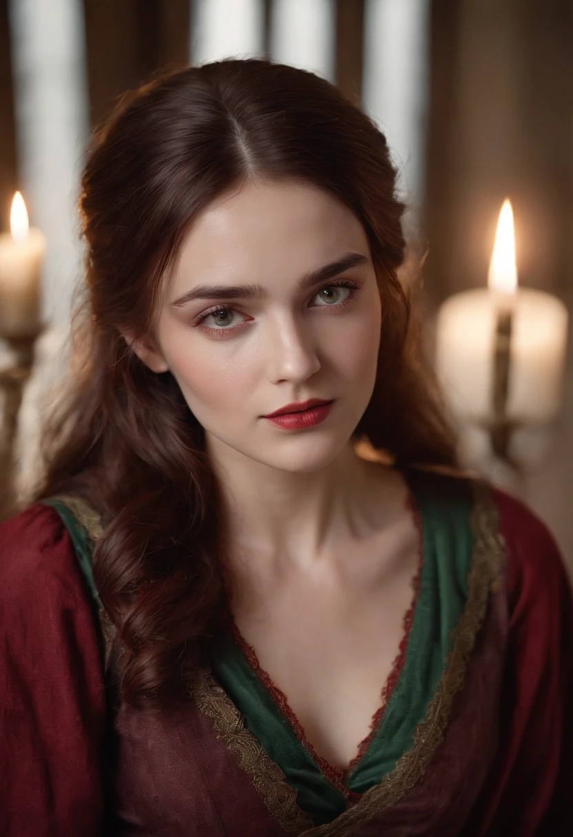 (((A deep red wound streaked across her left cheek))) Fair complexion, A woman around 19 years old, Natural gray hair, Unique green eyes, Wear Cole, Slender and graceful, Beautiful, Candlelight in a medieval setting, super sharp focus, realistic lens, Medieval women's clothing, Four colors (Scar:1.4)