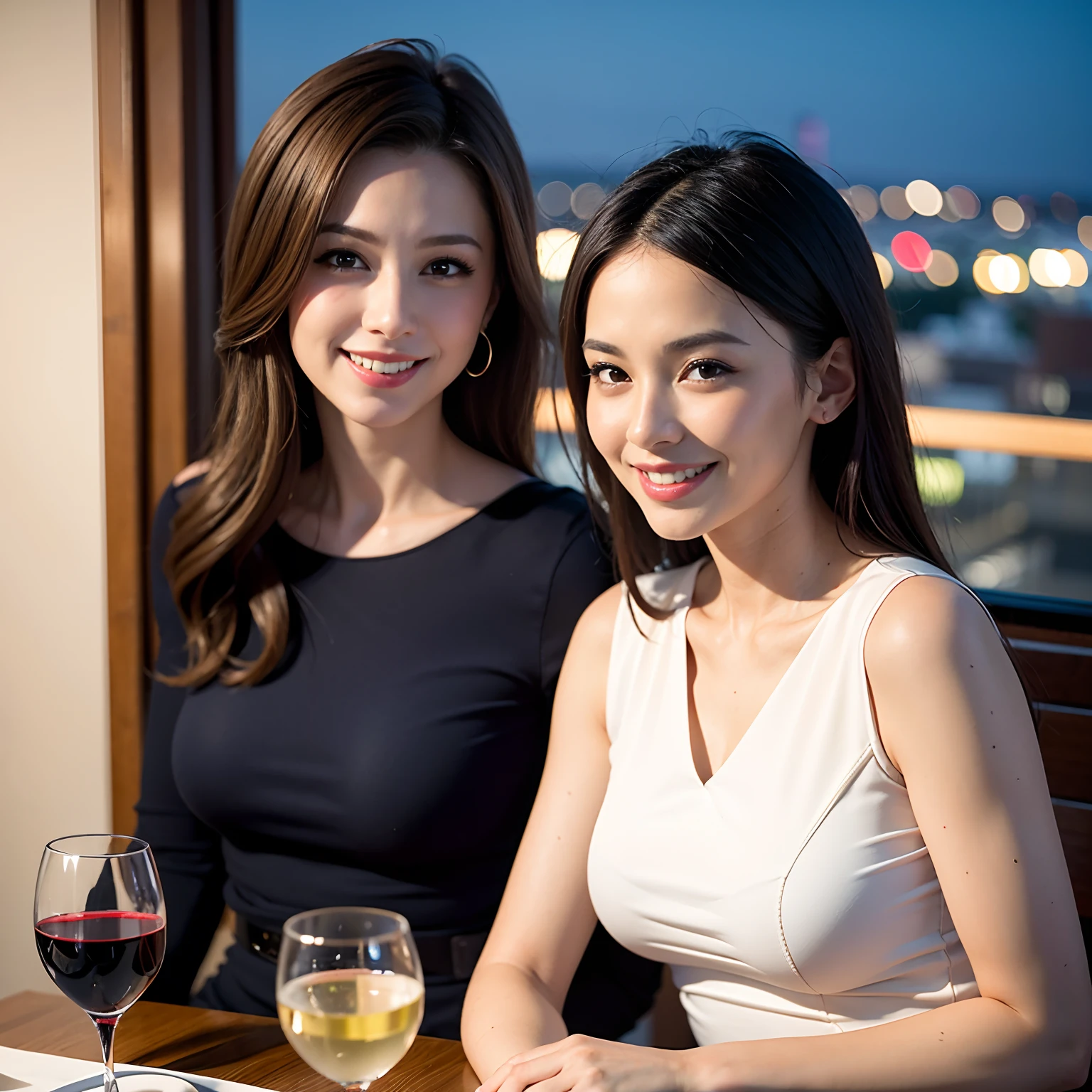 ((Highest quality、8k、masterpiece:1.3))、cute、Slim couple、Model Couple、Actress、(Realistic, Intricate details:1.2), full-course dinner、Wine 、Amazing view of the sunset sky and clouds、A bright smile、short hair,Bright Face、 (45 years old), 48 years old, 赤Wine 、Appetizers、Italian food、Wine bottle、Champagne、スパークリングWine、Two beauties、Brown Hair、Shortcuts、Long sleeve shirt、dress、Beautiful woman 1, (Slim face), (The body is slim), (Brown Hair), (Shortcuts), cheeks turn a little red,Attractive beauty、restaurant, In a prominent place (From the waist up) Nova Frog Style, actress, model, Upper Body, 白Wine, slim, Wineグラス, 中央に置かれたWineグラス, smile, (smile: 1.15), Beautiful fine grain, Depth f/2,saturation, High Contrast, Strong light and shadow,Moist Body:1.5、3D texture、Delicate eyes、Brown Hair、The hair is very shiny、