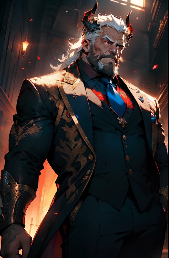 old man, bara,king, thick body, slightly fat,long ornate suit.long tie,luxury,devil crown,white beard,white hair,handsome, sharp gaze, in cage,glowing red eyes,big eyes, big bulge, standing, hide hands behind hip, hd quality, masterpiece, extremely detailed, looking to the viewer, perspective view, UHD, 64k, unreal.(highly detailed skin), (detailed face), detailed background, dark lighting, twilight lighting, volumetric lighting, intricate details, UHD, evil, corrupted