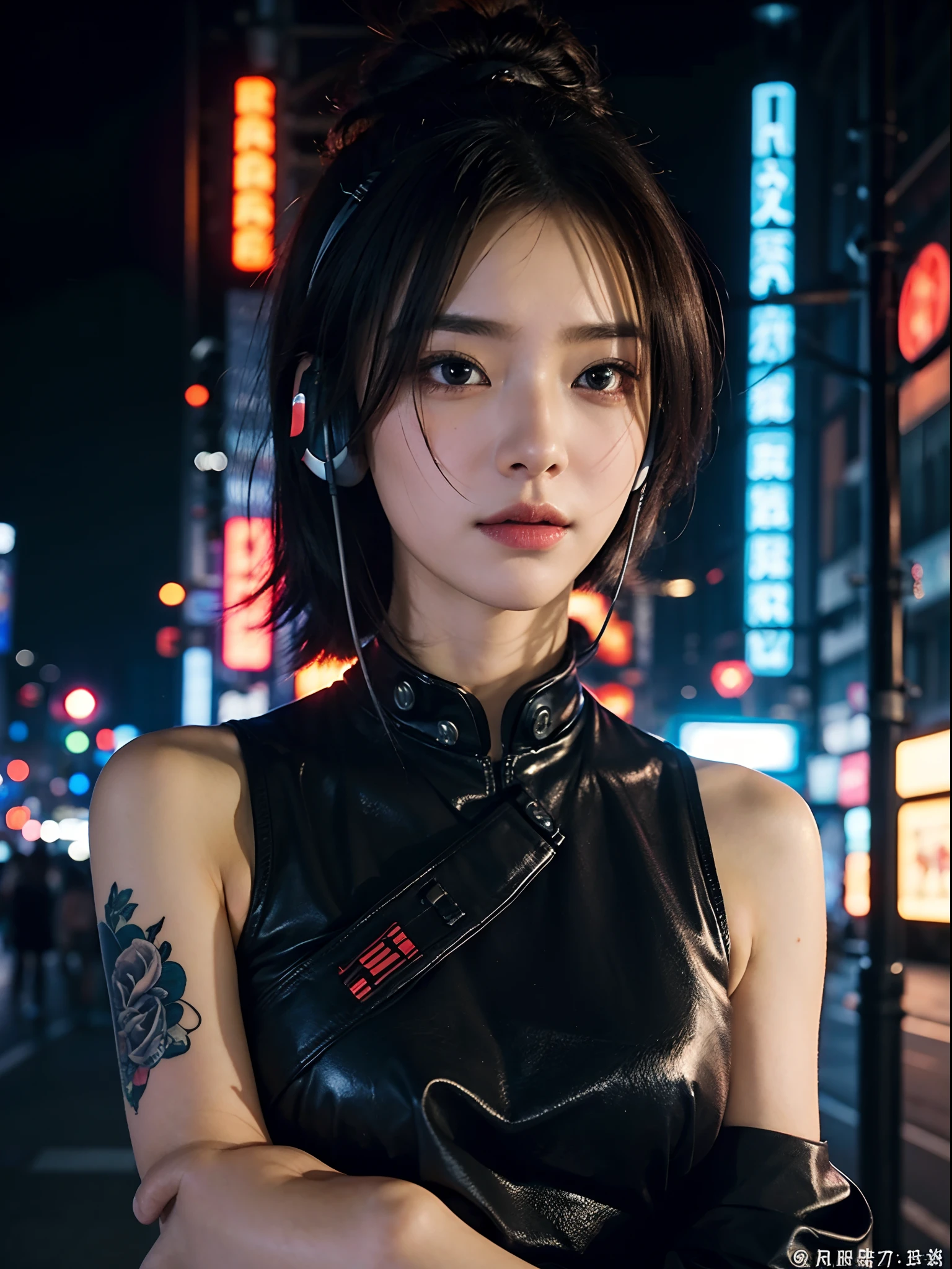 ​masterpiece、Three beautiful women、A detailed face、A detailed eye、Detailed skin、top-quality、japanes、Illuminated from the front with bright lighting、profetional lighting、Always face straight ahead、The background is a little blurry、20yr old、The background is a ruined cyberpunk neon street(It's night but bright)、short-hair、Cyberpunk costumes(Mechanical Battlesuit)Wearing、The tattoo、full bodyesbian、Portrait wind、headset on head、Part of the hair and the color of the costume and tattoo is purple、