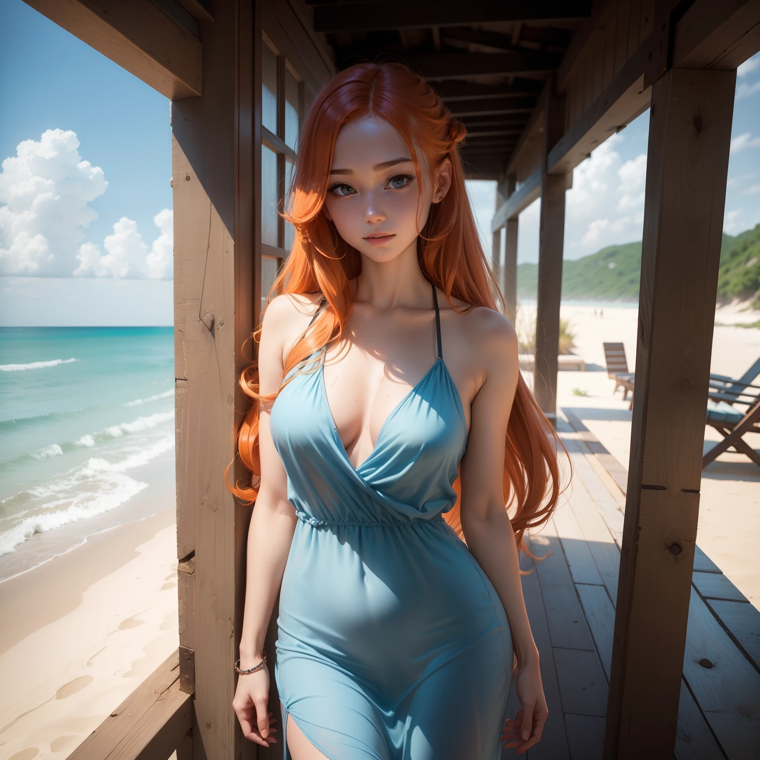 (masutepiece, Best Quality), ((1girl in, Solo, Long hair)), Ishmael_limbus, Innocent expression, Bare arms, Bare shoulders, barechested, watercolor paiting, sundress, liquid clothes, Water, vague, Water Dress, Blue_theme, Night, myst, Dark, Sharp Focus, On the beach, See-through dress, Orange hair,Chest exposed,Pubic hair exposed,Happy,