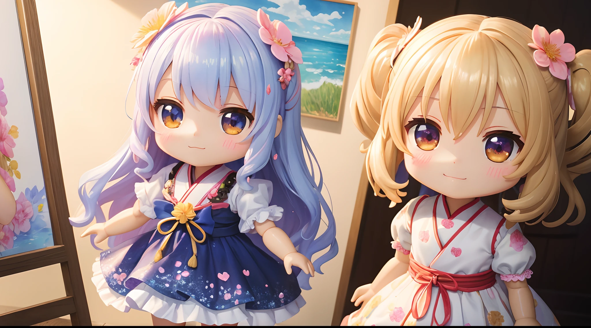 photoRealstic、Top Text Says "Code Angel"、Doll standing in front of the painting、swim wears、laugh face、Water droplets on the cheeks、Selfie Pose、spreading arms widely、、Sengai、pixiv、rokoko、dollfie dream、watercolor Nendoroid、(High Definition Figure)、flowing sakura-colored silk、nendroid、bustup、Sunflower petals、season!!: 夏☀ 🍂 ヒマワリ