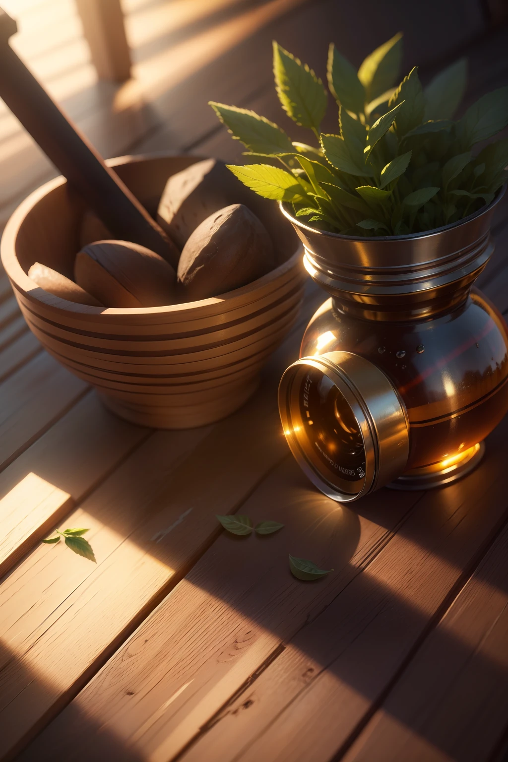 masterpiece, best quality, high quality, High definition, High quality texture, High quality shadow, high detail, realistic, Cinematic Light, sidelighting, Lens Flare, Ray tracing, sharp focus,Herbs and creeper s on background,a wooden floor , sun rising, very realistic, Ultra HD