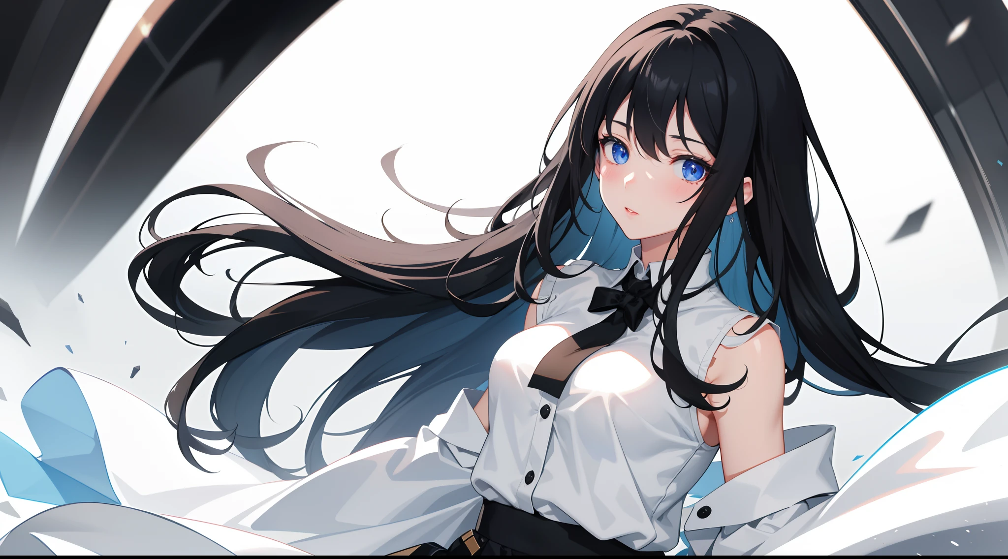 solo, 1 mature woman, long black hair, blue eyes, white shirt, black skirt, pov, 8k resolution, ultra-detailed, masterpiece, highest quality, blush,