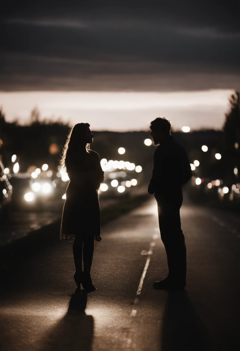 From the gap in the curtain,See a street corner in the distance,A woman and a man kiss and cuddle on the side of the road,eventide,8K,Faraway view