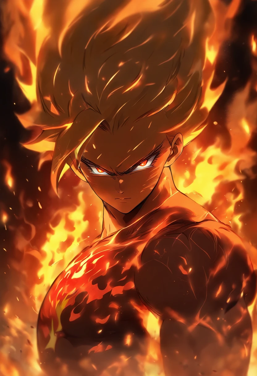 Handsome guy with red eyes, On a neutral dark background, Two red and blond hair colors，Relatively short hair，Handsome，Tall muscular man，A handsome and decisive  boy,Eight-pack abs，upper body bare, The body emits a golden glow，Majestic gestures and trampling on fiery flames. Flames surged around them, creating an opulent atmosphere