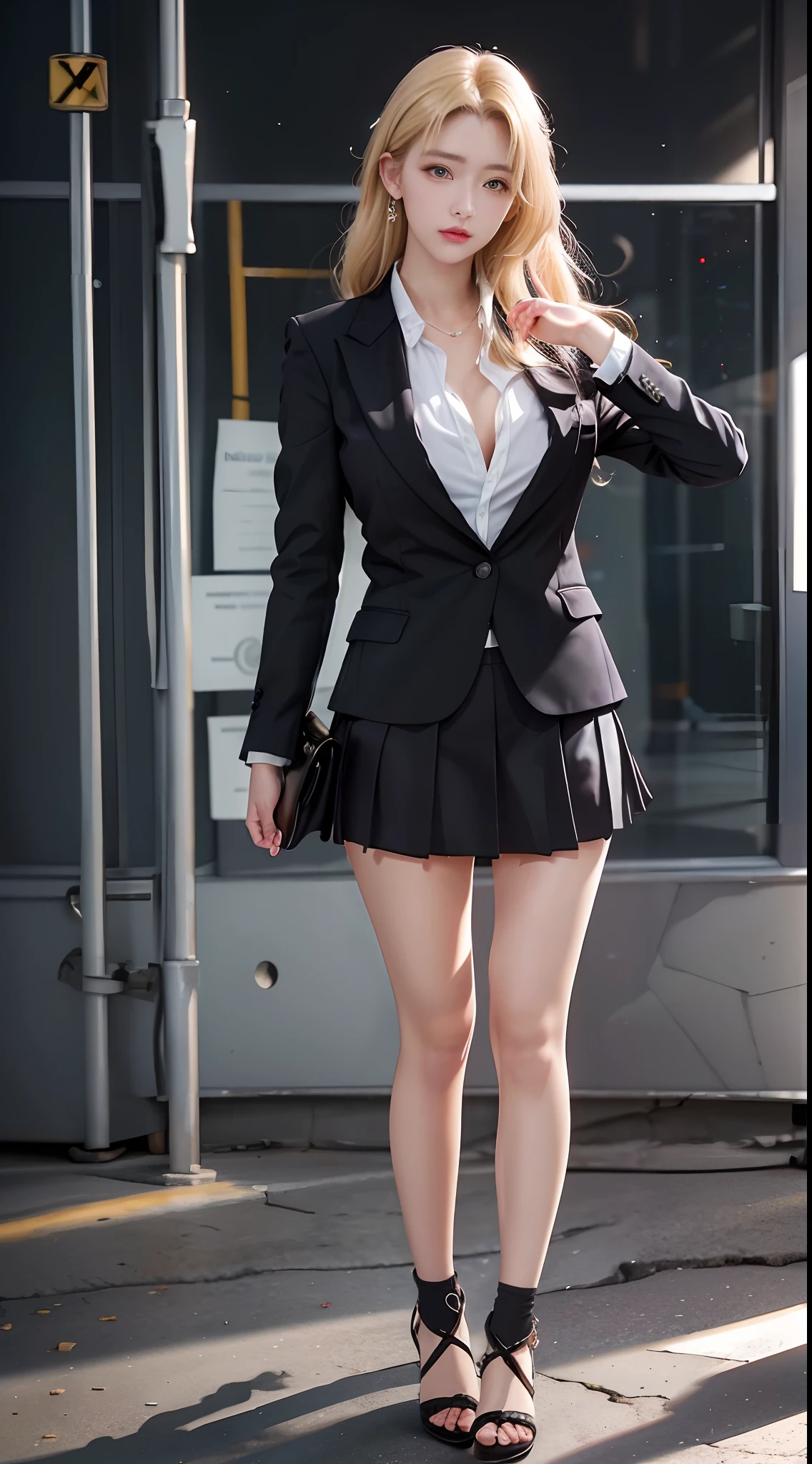 (full body:1.25),best qualtiy, tmasterpiece, 1girll, beauitful face, golden hair,(photograph realistic:1.3), edge lit, (highdetailskin:1.2), 8K UHD, digital SLR camera, high high quality, A high resolution, 4k, 8k, bokeh, absurderes, Optimal proportions of four fingers and one thumb, (realisticlying:1.3), Cute 1girl, Wearing a black formal blazer, mediuml breasts, short skirt,