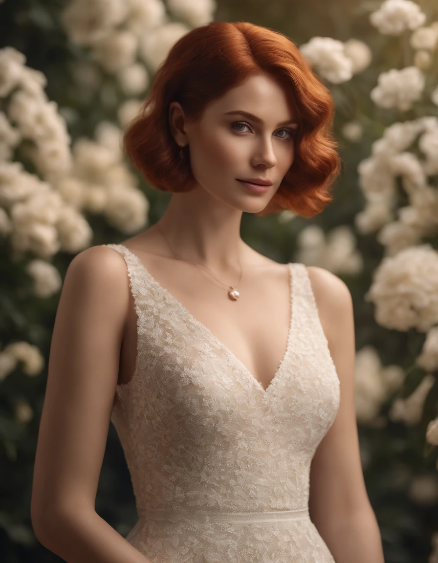 photoshoot of deborahWolf1, (redhair), (short hair cut),detailed skin texture, (blush:0.2), (goosebumps:0.3), (white floral dress), subsurface scattering, Photorealistic, Hyperrealistic, Hyperdetailed, analog style, hip cocked, demure, detailed skin, matte skin, soft lighting, subsurface scattering, realistic, heavy shadow, masterpiece, best quality, ultra realistic, 8k, golden ratio, Intricate, High Detail, film photography, soft focus,upper body