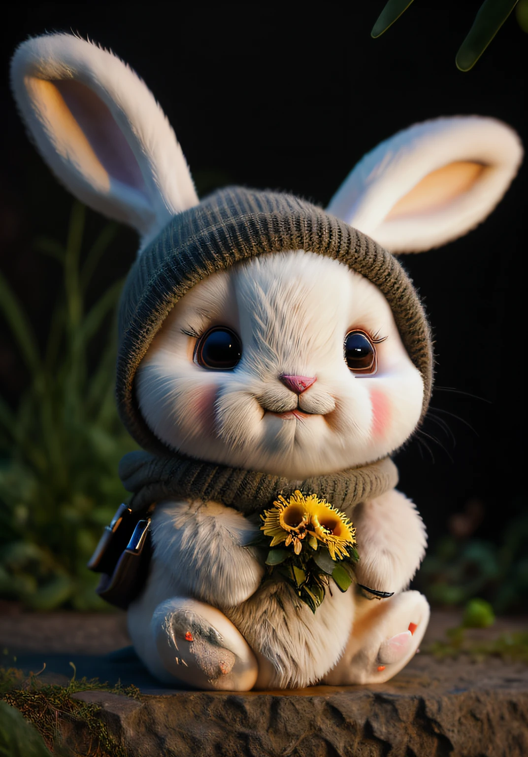 bunny, blur, bunny, flower, nature, no_humans, depth of field, to8contrast style, DARK_Glam, wearing DRK_Glam, deep shadows, (dark: 1.4), (8k, RAW photo, best quality, masterpiece: 1.2)