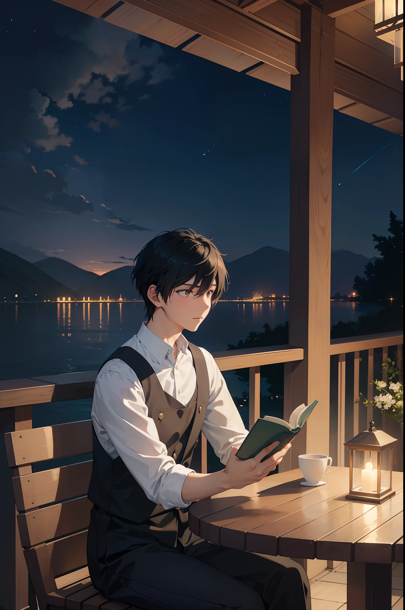 Create exquisite illustrations reminiscent of Makoto Shinkai's style, It has ultra-fine details and top-notch quality. Create an illustration set on the terrace of a lakeside café on a quiet night. Under Soft, The ethereal glow of the café lights, Man sits at table, Sip coffee while engrossed in a book. The warm, The nostalgic atmosphere creates a dreamy and enchanting atmosphere by the lake. Sparkling water reflects the starry sky, Add magical quality to the scene. Ambient Lighting、Creates an almost surreal quality with calm in the surroundings, Make it an ideal place for solitary contemplation. The man's face reflects serenity and satisfaction, Capture moments of quiet reflection and escape from the outside world.