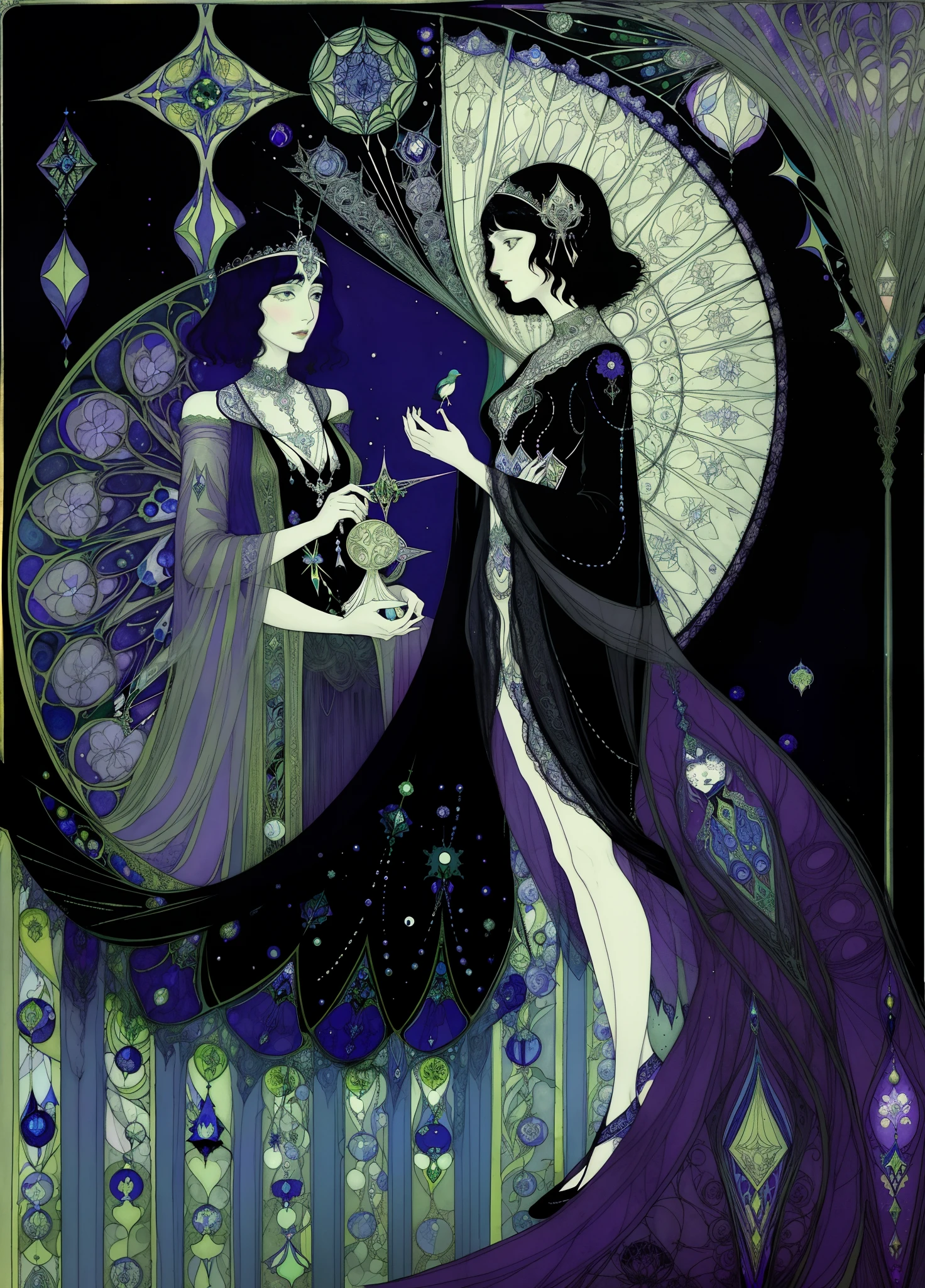 there is a drawing of a woman and a bird on a black background, harry clarke artwork, by Harry Clarke, inspired by Harry Clarke, beardsley, kay nielsen and wadim kashin, inspired by Kay Nielsen, style of carlos schwabe, oz, right side composition, arthur rackham and milo manara, by Aubrey Beardsley, marjorie cameron