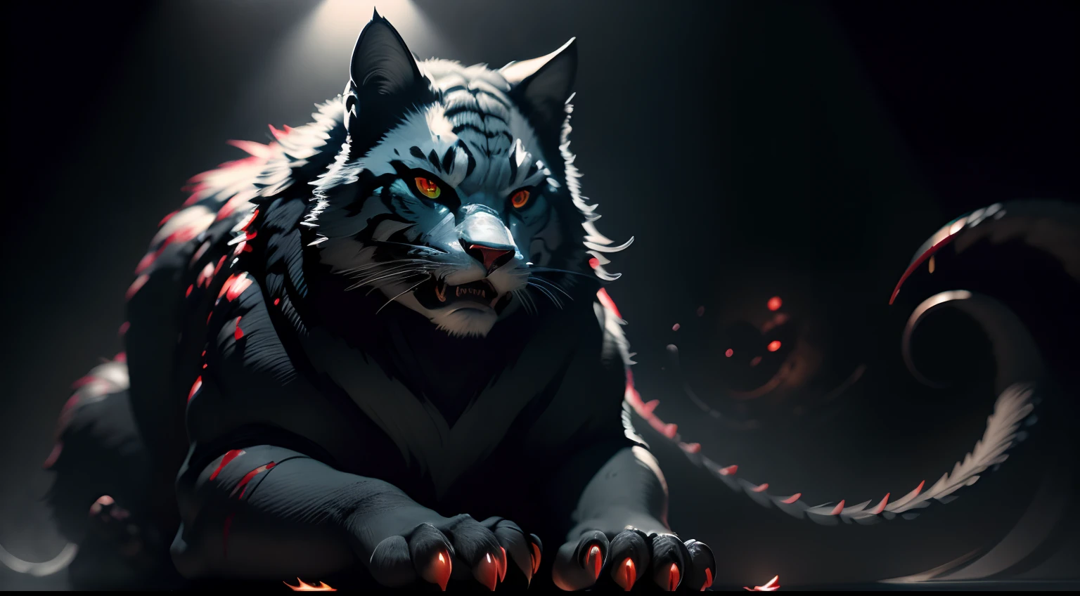 Best quality,Masterpiece,超高分辨率,(Photorealistic:1.4)Big cat,Fierce，Prepare for a raid,(Dynamic Angle),True blood,Angry,Gape,red - eyed,White fangs, red color eyes, (full bodyesbian), (((Claws))), (Beautiful detailed eyes), Blood drop,Blood fog, Floating hair，Splashing blood,(blood stain),