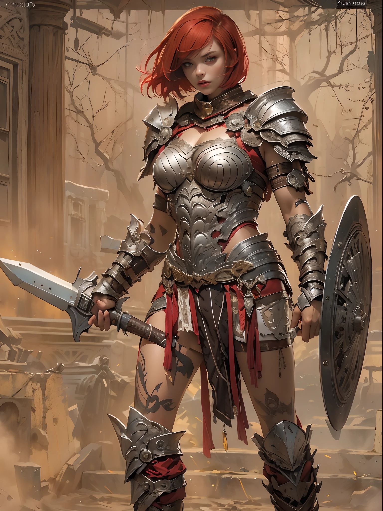 (((of the highest quality: 1.4))),(unparalleled masterpiece ever), (Ultra high definition),(Ultra realistic 8K CG), (((adult body))), (((1girl in))), ((( Bob Shorthair ))), Gladiators with perfect bodies,,Beautiful and well-groomed face,muscular body:1.4,Detailed breastplate, gauntlets、is standing, (Image from head to thigh),(( Red Bob Shorthair )),, Simon Bisley's urban savage style,Detailed ancient Roman background,Clean abs, Complex equipment, Dark brown with white stars and gray and white stripes,,,s Armor, Poison tattoo
