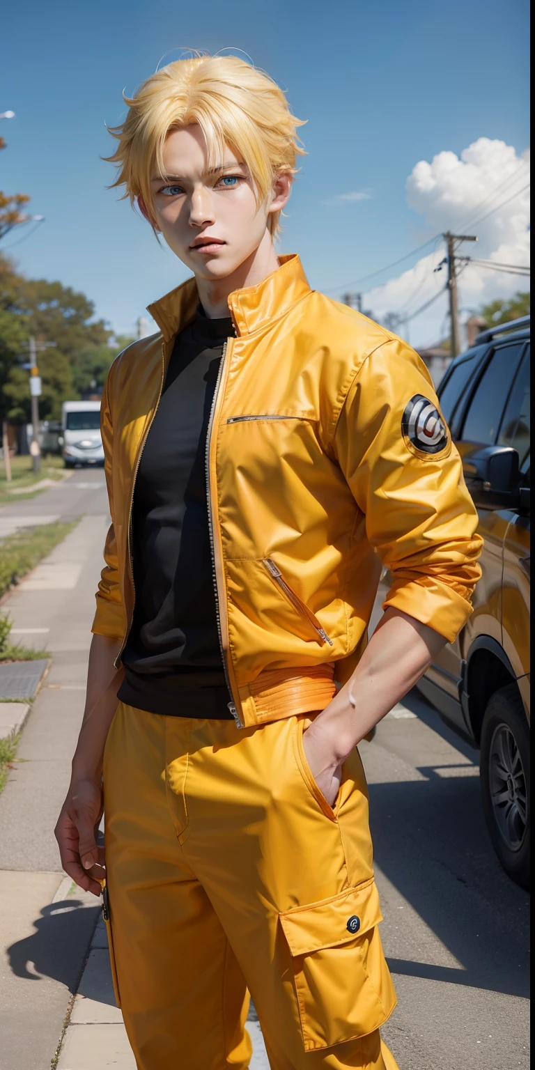 1male, uzumaki naruto in anime naruto, short hair , yellow hair, blue eyes, handsome, orange clothes, realistic clothes, detail clothes, outdoor background, ultra detail, realistic