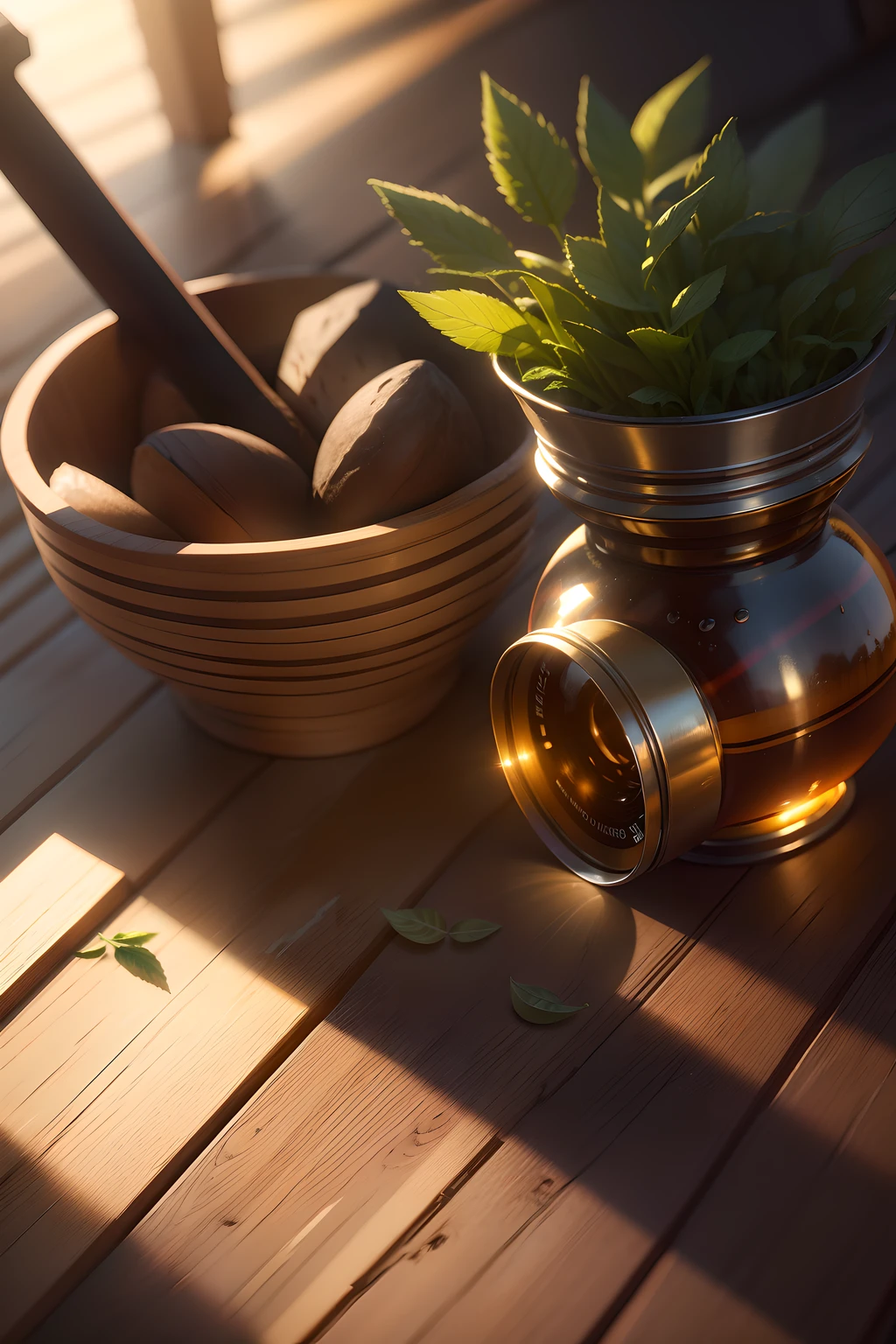 masterpiece, best quality, high quality, High definition, High quality texture, High quality shadow, high detail, realistic, Cinematic Light, sidelighting, Lens Flare, Ray tracing, sharp focus,Herbs and creeper s on background,a wooden floor , sun rising, very realistic, Ultra HD
