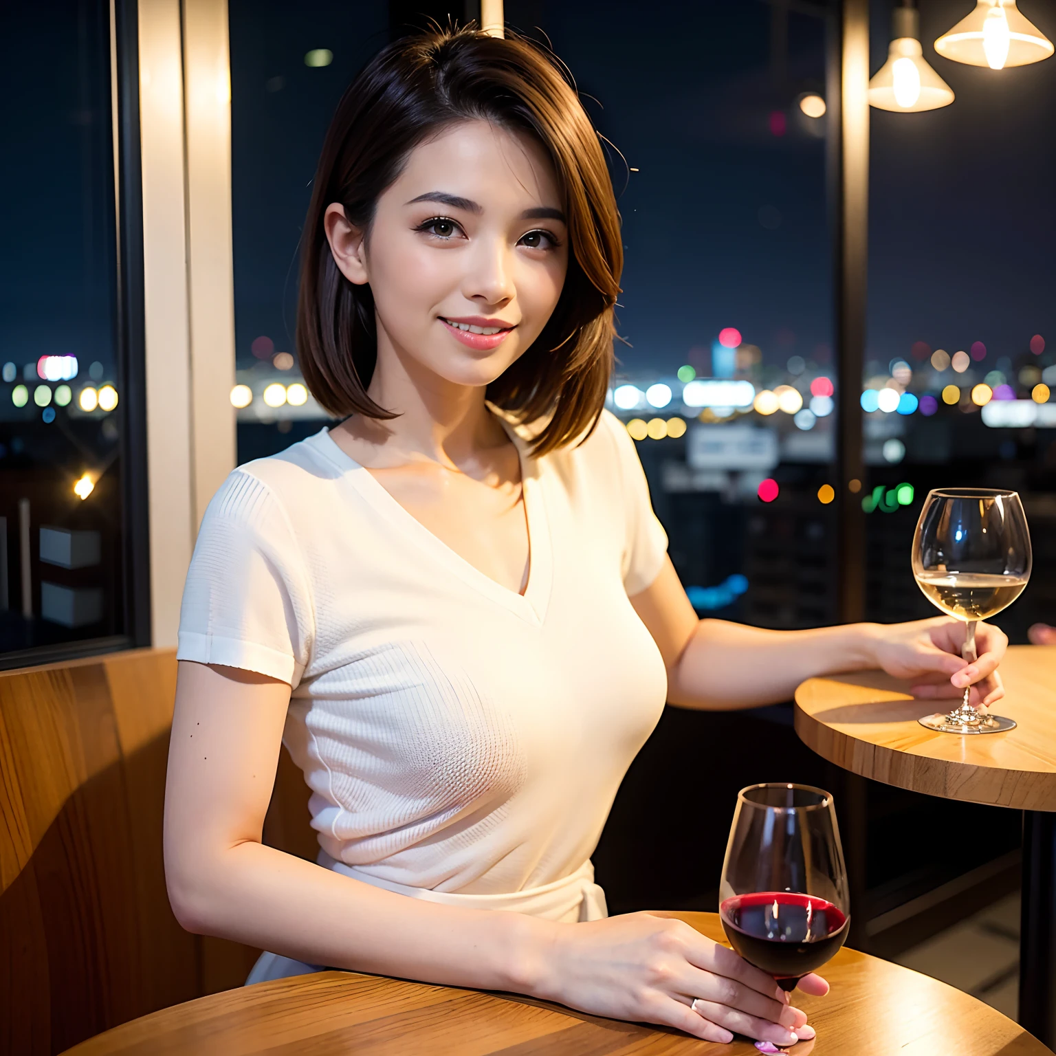(64K, UHD, top quality, masterpiece: 1.2), (realistic, photorealistic: 1.37), super detailed, pretty woman 1 person, (slim face), (slim body), (brown hair), (short cut), cheeks slightly blushing, (44 years old), 38 years old, solo, beautiful detailed urban night view outside the window, restaurant, wine glasses sit, at night, in a prominent placeNovaFrogStyle, Actress, Model, Waist Up, White Wine, Slim, Wine Glass, Super Clean Night View, Wine Glass Put in the Middle, Happy Smile, (Smile: 1.15), Beautiful Fine Eyes, Upper Body, Bust Japan Up, Night, Short, Short, Actress, Model, Waist Up, White Wine, Slim, Wine Glass, Super Clean Night View, Wine Glass Put in the Middle, Happy Smile,