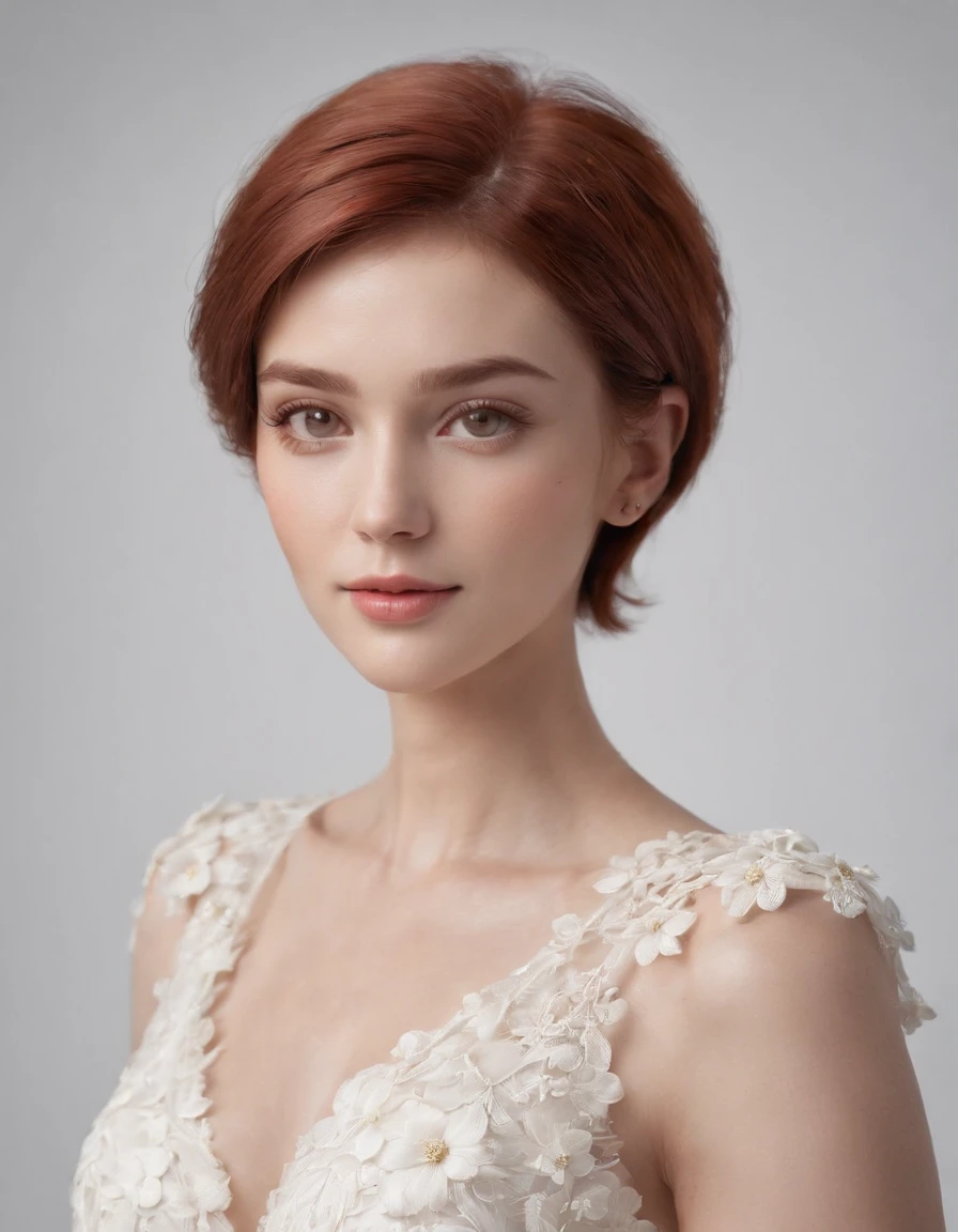 photoshoot of deborahWolf1, (redhair), (short hair cut),detailed skin texture, (blush:0.2), (goosebumps:0.3), (white floral dress), subsurface scattering, Photorealistic, Hyperrealistic, Hyperdetailed, analog style, hip cocked, demure, detailed skin, matte skin, soft lighting, subsurface scattering, realistic, heavy shadow, masterpiece, best quality, ultra realistic, 8k, golden ratio, Intricate, High Detail, film photography, soft focus,upper body