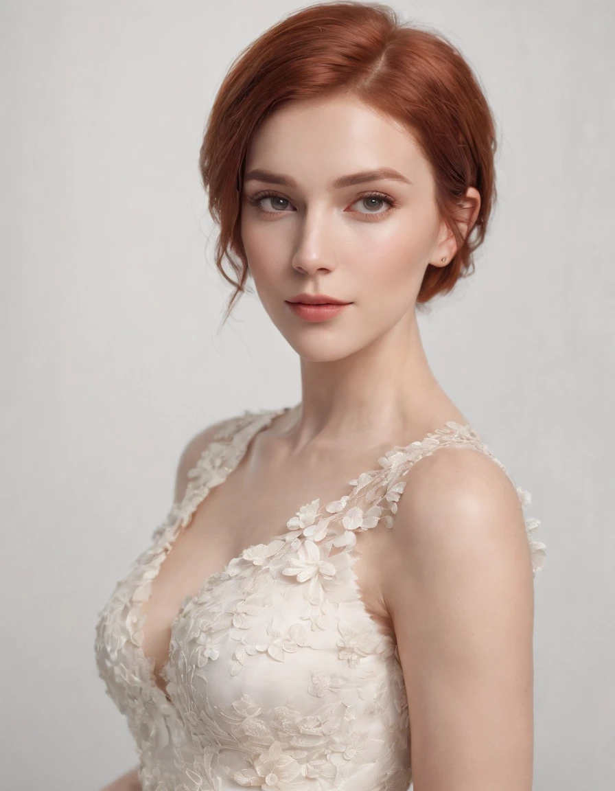 photoshoot of deborahWolf1, (redhair), (short hair cut),detailed skin texture, (blush:0.2), (goosebumps:0.3), (white floral dress), subsurface scattering, Photorealistic, Hyperrealistic, Hyperdetailed, analog style, hip cocked, demure, detailed skin, matte skin, soft lighting, subsurface scattering, realistic, heavy shadow, masterpiece, best quality, ultra realistic, 8k, golden ratio, Intricate, High Detail, film photography, soft focus,upper body