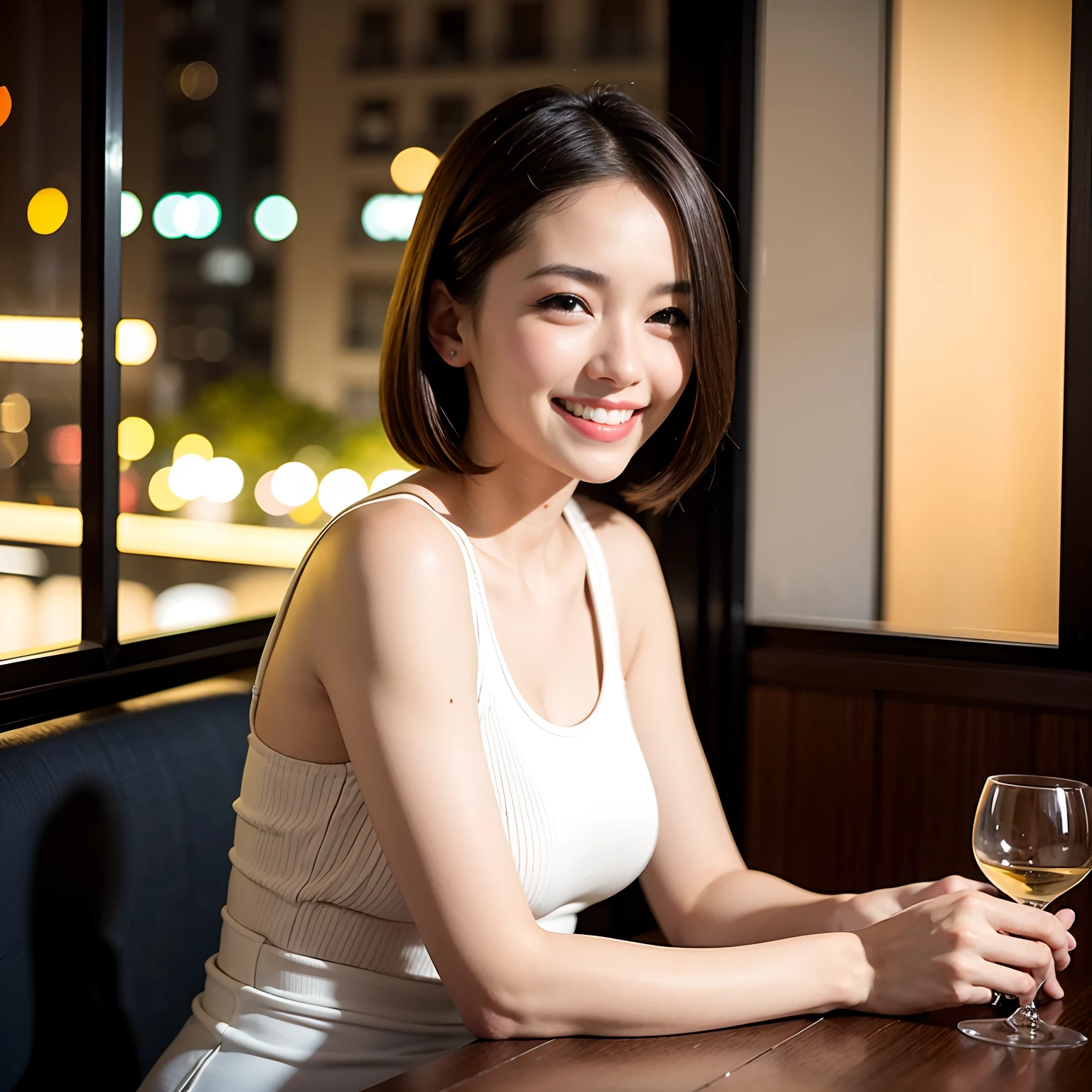 (64K, UHD, top quality, masterpiece: 1.2), (realistic, photorealistic: 1.37), super detailed, pretty woman 1 person, (slim face), (slim body), (brown hair), (short cut), cheeks slightly blushing, (44 years old), 38 years old, solo, beautiful detailed urban night view outside the window, restaurant, wine glasses sit, at night, in a prominent placeNovaFrogStyle, Actress, Model, Waist Up, White Wine, Slim, Wine Glass, Super Clean Night View, Wine Glass Put in the Middle, Happy Smile, (Smile: 1.15), Beautiful Fine Eyes, Upper Body, Bust Japan Up, Night, Short, Short, Actress, Model, Waist Up, White Wine, Slim, Wine Glass, Super Clean Night View, Wine Glass Put in the Middle, Happy Smile,