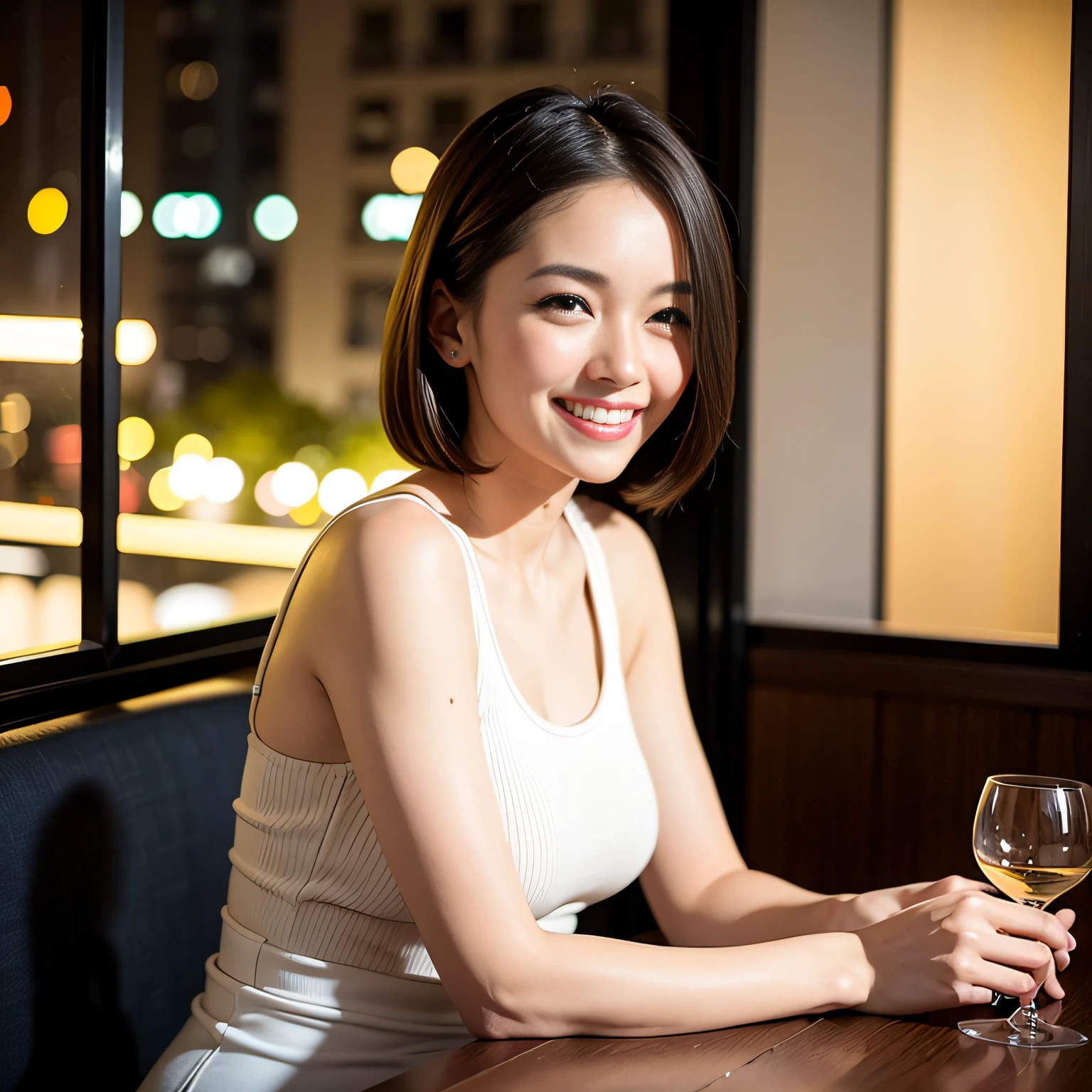 (64K, UHD, top quality, masterpiece: 1.2), (realistic, photorealistic: 1.37), super detailed, pretty woman 1 person, (slim face), (slim body), (brown hair), (short cut), cheeks slightly blushing, (44 years old), 38 years old, solo, beautiful detailed urban night view outside the window, restaurant, wine glasses sit, at night, in a prominent placeNovaFrogStyle, Actress, Model, Waist Up, White Wine, Slim, Wine Glass, Super Clean Night View, Wine Glass Put in the Middle, Happy Smile, (Smile: 1.15), Beautiful Fine Eyes, Upper Body, Bust Japan Up, Night, Short, Short, Actress, Model, Waist Up, White Wine, Slim, Wine Glass, Super Clean Night View, Wine Glass Put in the Middle, Happy Smile,