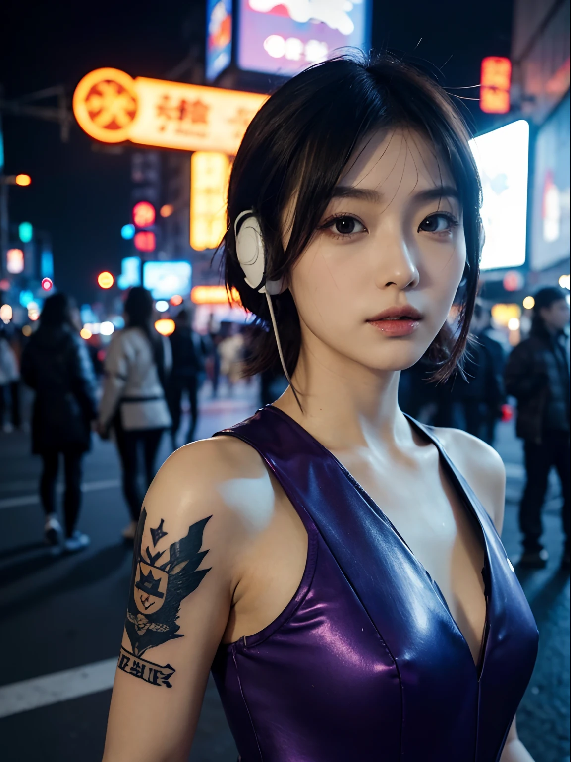 ​masterpiece、Three beautiful women、A detailed face、A detailed eye、Detailed skin、top-quality、japanes、Illuminated from the front with bright lighting、profetional lighting、Always face straight ahead、The background is a little blurry、20yr old、The background is a ruined cyberpunk neon street(It's night but bright)、short-hair、Cyberpunk costumes(Mechanical Battlesuit)Wearing、The tattoo、full bodyesbian、Portrait wind、headset on head、Part of the hair and the color of the costume and tattoo is purple、