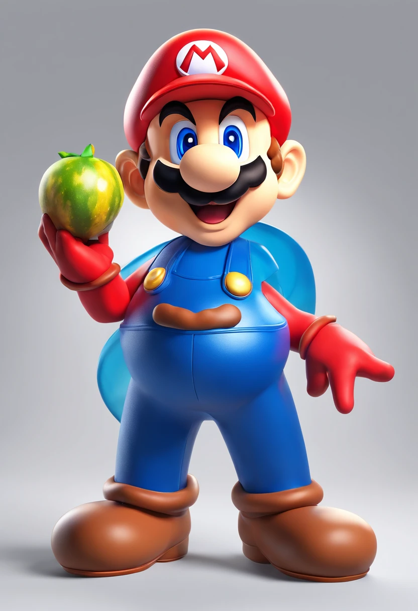 (Mario), character design, Nintendo Super Mario, (blue eyes, red hat, red suit, blue suspenders, white gloves) super cute blind box style, holding a yellow watermelon, chibi, full body, exaggerated expressions and actions, clean background, bright iridescent highlights, studio lighting, atmospheric lighting, exquisitely textured, high detail, high resolution, c4d, 3D, Blender, 8k, best quality, ultra high resolution