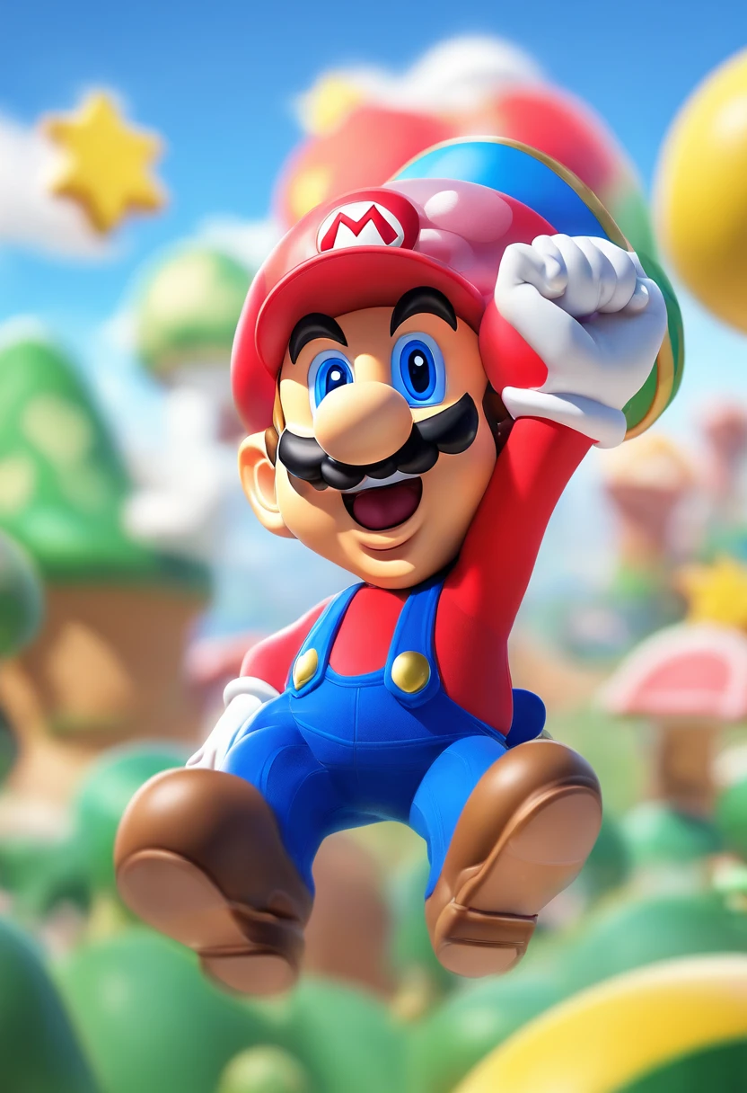(Mario), character design, Nintendo Super Mario, (blue eyes, red hat, red suit, blue suspenders, white gloves) super cute blind box style, holding a yellow watermelon, chibi, full body, exaggerated expressions and actions, clean background, bright iridescent highlights, studio lighting, atmospheric lighting, exquisitely textured, high detail, high resolution, c4d, 3D, Blender, 8k, best quality, ultra high resolution