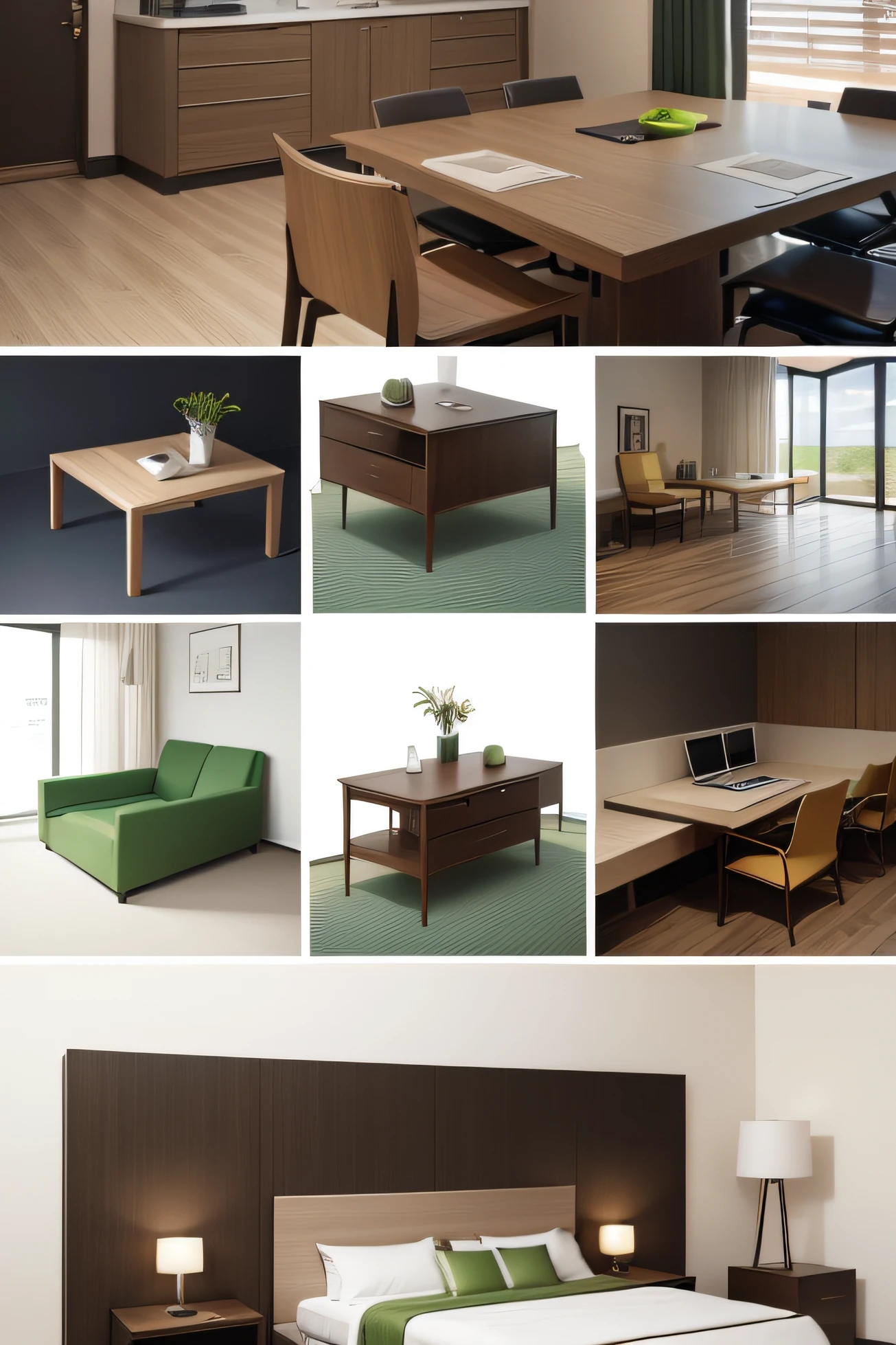 Create a power point slide presentation for the hotel owner about choosing a solution for his hotel: material table moodboard, color board, material board concept, interior, zen style, hotel room full, Muted tones of green, brown, and white to invoke a sense of peace, smart home, this room high tech, smart furniture