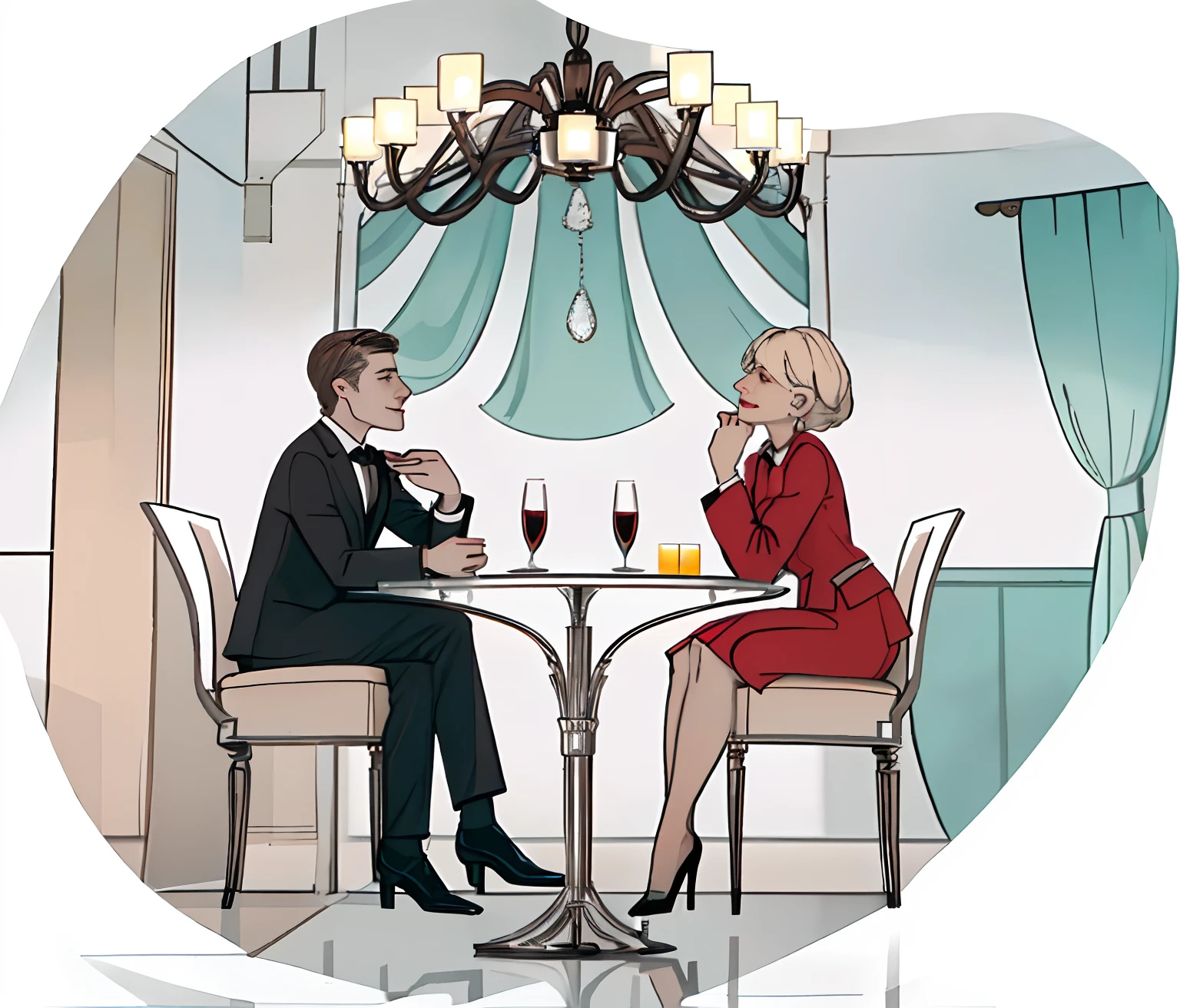 two guys;of a guy,A woman who is;face to face,Sit at the table;Chandeliers overhead;formal outfit;a skirt;Men's suits;Wine glass in hand;Without background;Plain white background;Meticulous expressions;Delicate facial features;Limb coordination;high-heels;ssmile;high detal;Facial features;