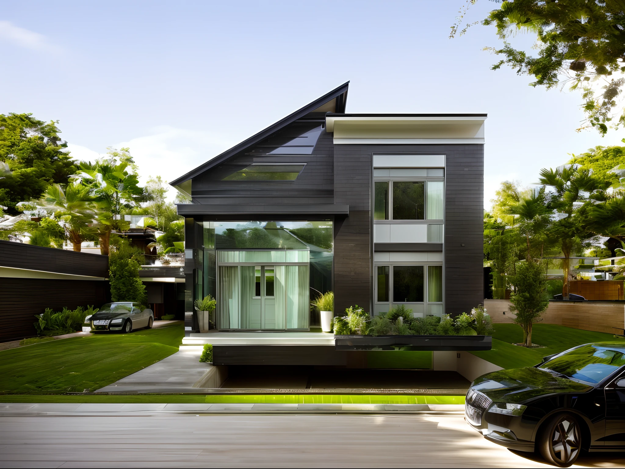 A modern-style house with abundant greenery, glass doors, and people