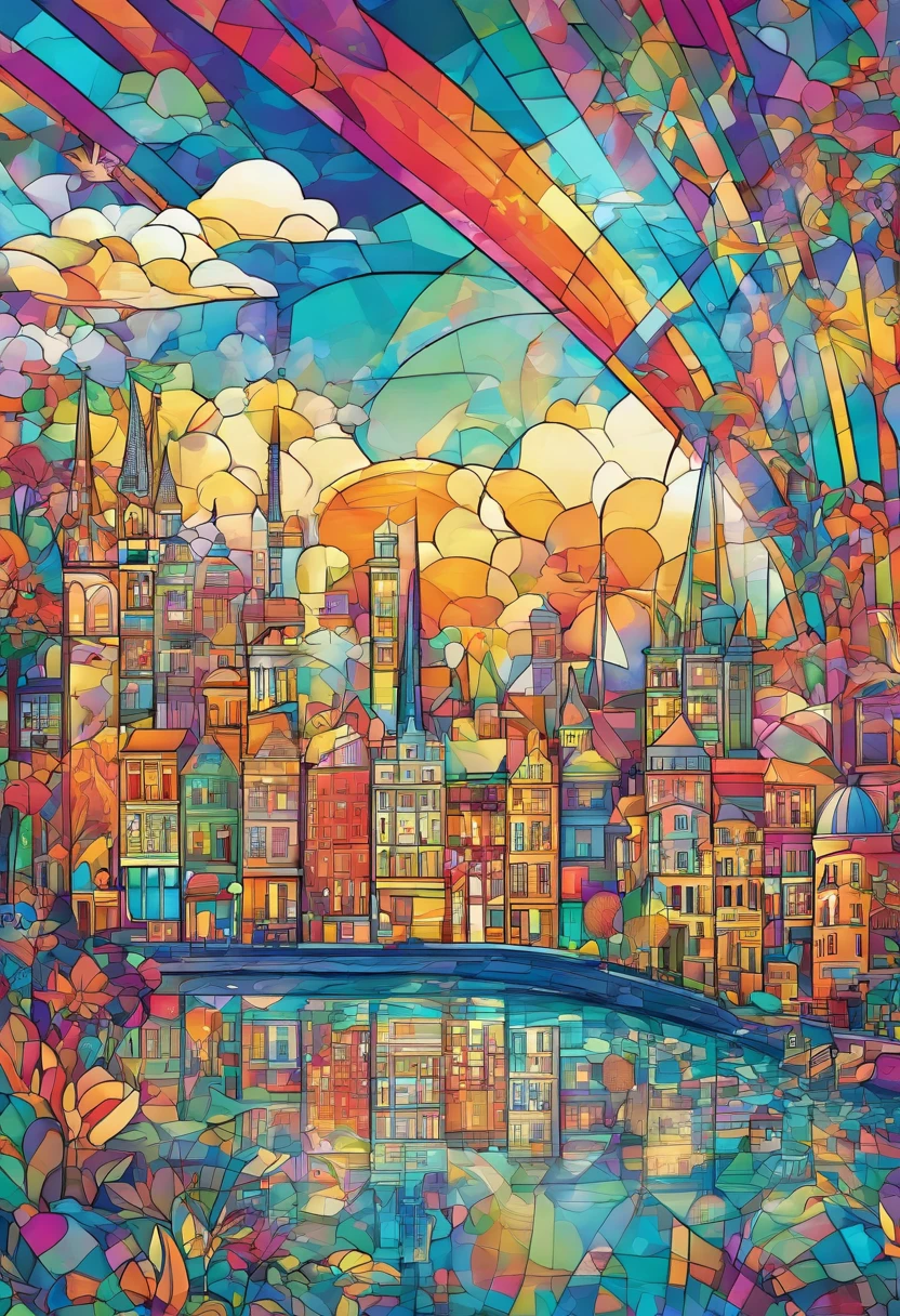 World of Dreams, florals、Fantasy, Stained glass style art style, Children's Graffiti Style, graffiti style, geometric design, colourfull, Pop. city, Cityscape, Fun city, Town, European-style cityscape, Car, Plane, helicopter, Passenger aircraft, blimp, buses, taxis, bullet train, Street Trees, Urban Design Diagram, amusement park, Futuristic city, Sea, rainbow, Irridescent color, Clouds, das boot, sailboat, Modern cityscape, Bill City, Flat illustration, vector. Bright, Pop colors, colourfull, Picasso style, cubismo, Minimalist Gustav Klimt style, cubismo, blended, dynamic compositions,