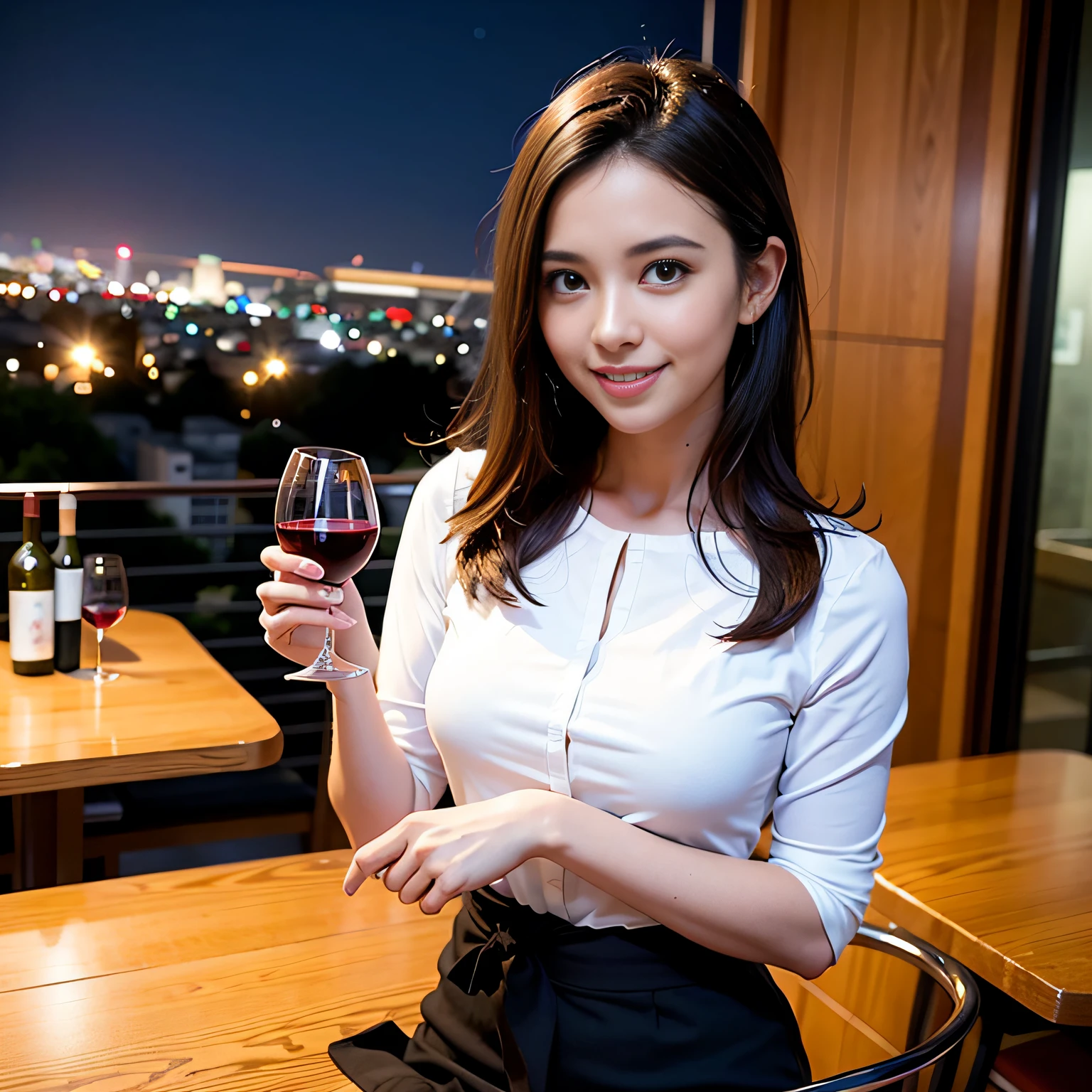 (64K, UHD, top quality, masterpiece: 1.2), (realistic, photorealistic: 1.37), super detailed, pretty woman 1 person, (slim face), (slim body), (brown hair), (short cut), cheeks slightly blushing, (44 years old), 38 years old, solo, beautiful detailed urban night view outside the window, restaurant, wine glasses sit, at night, in a prominent placeNovaFrogStyle, Actress, Model, Waist Up, White Wine, Slim, Wine Glass, Super Clean Night View, Wine Glass Put in the Middle, Happy Smile, (Smile: 1.15), Beautiful Fine Eyes, Upper Body, Bust Japan Up, Night, Short, Short, Actress, Model, Waist Up, White Wine, Slim, Wine Glass, Super Clean Night View, Wine Glass Put in the Middle, Happy Smile,