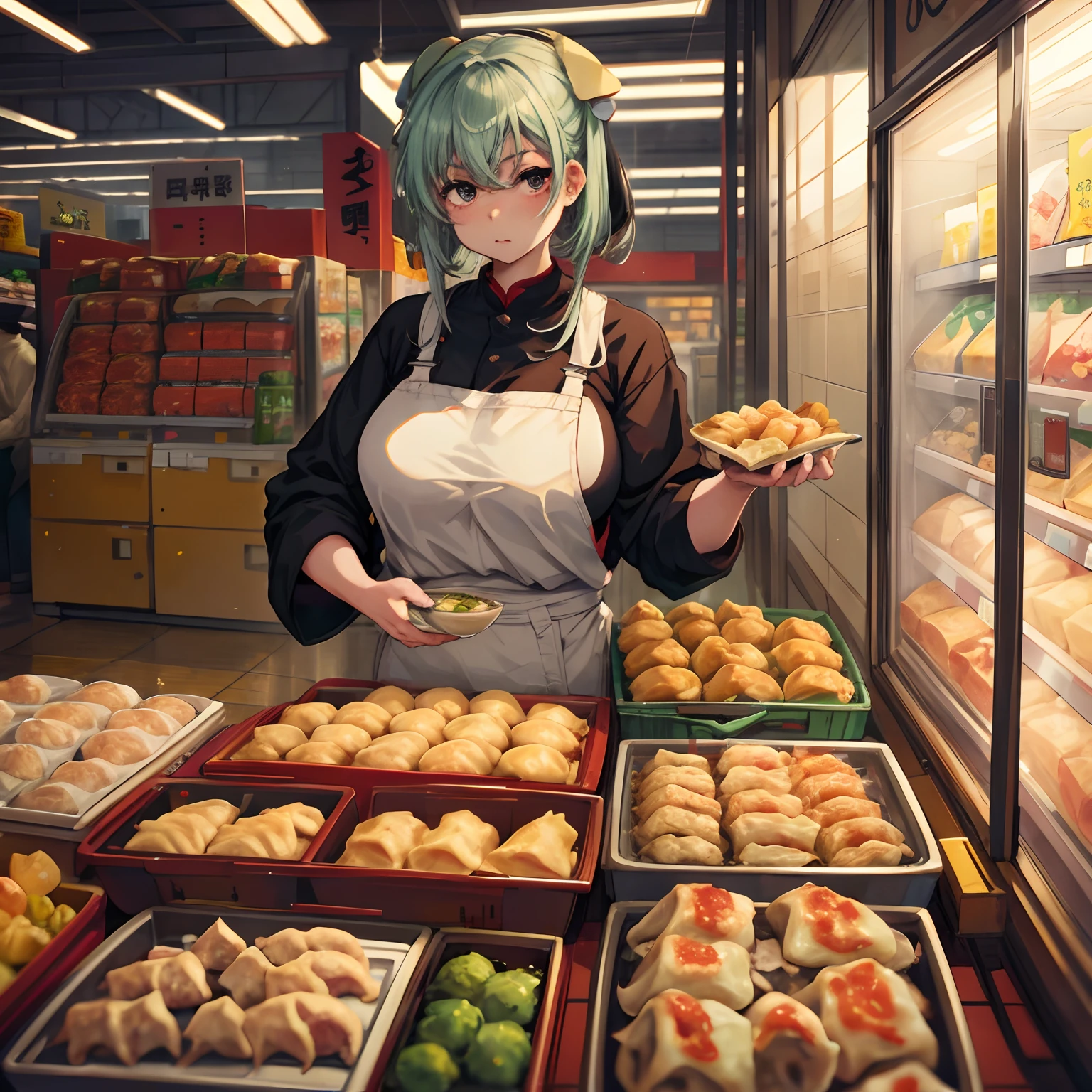 (Best quality:1.4), anime big breast, Solo, A girl in supermarket gyoza dumplings jiaozi