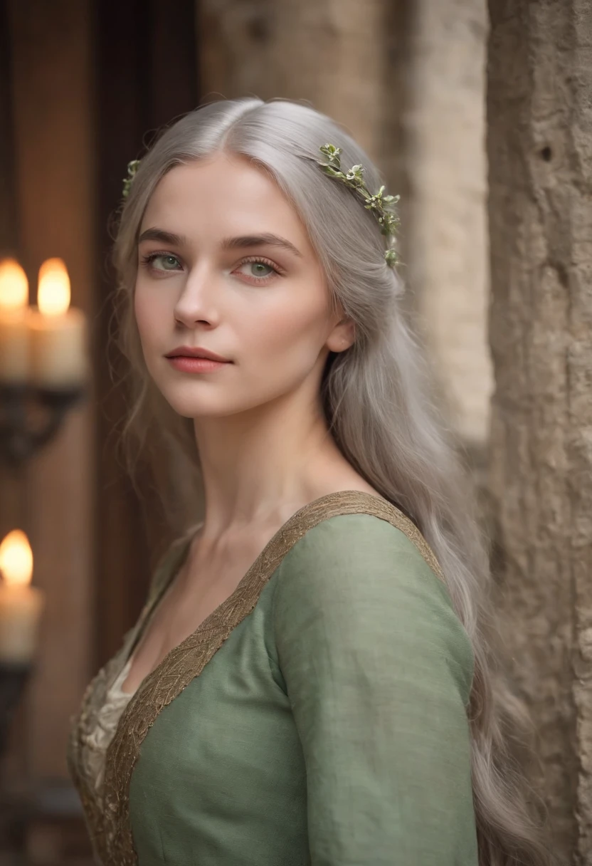 Fair complexion, A woman around 19 years old, Medieval women's clothing,Natural gray hair, Unique green eyes, Wear Cole, Slender and graceful, Beautiful, Candlelight in a medieval setting