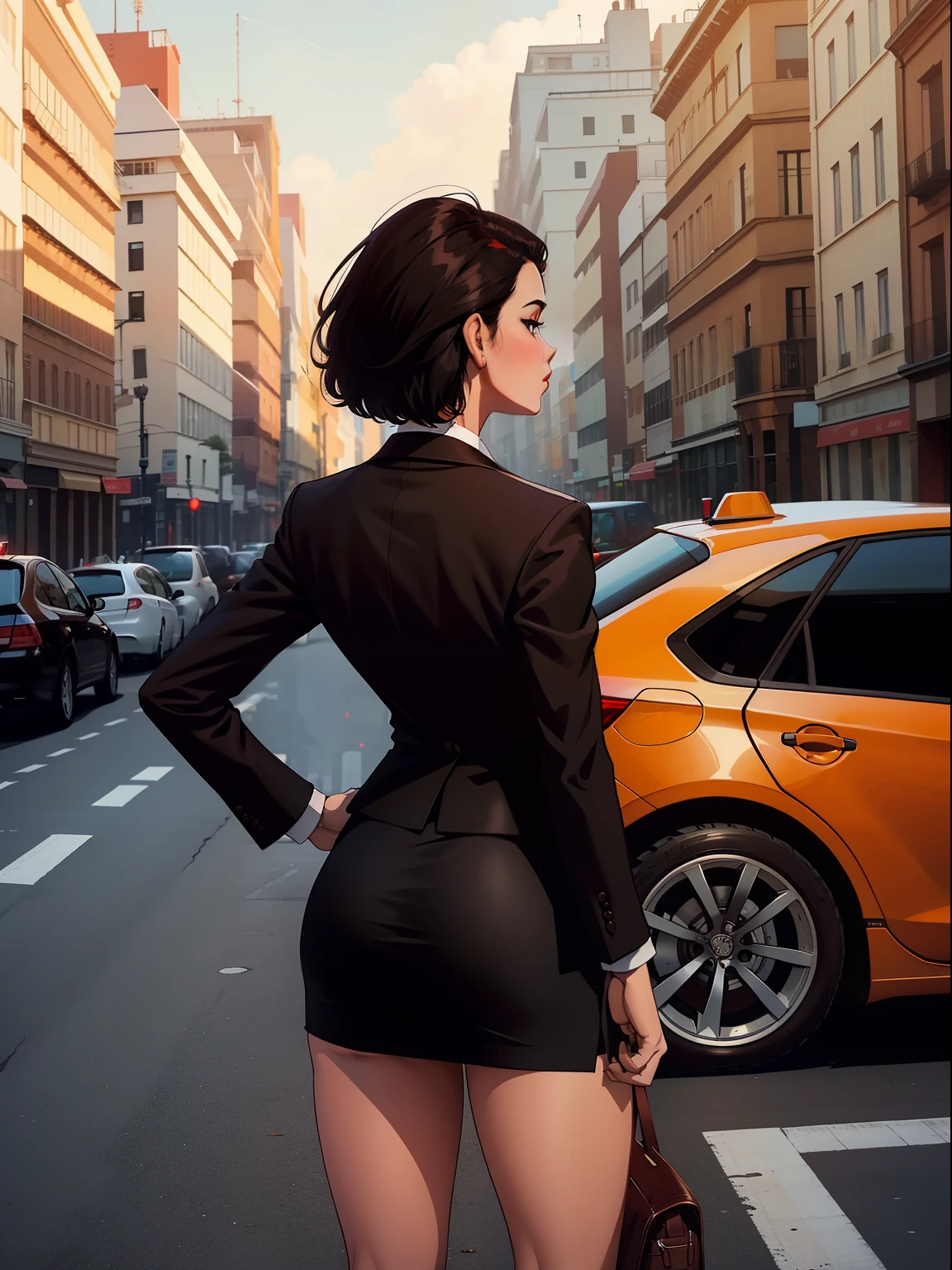backside view, woman, short black hair, wearing a brown office jacket, white shirt, red tie, brown office skirt, calling for a taxi, street background,