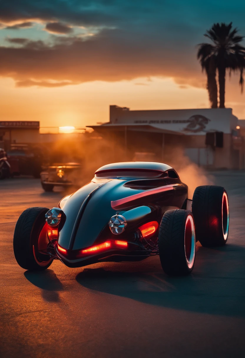 a 3/4 front view of ((futuristic cyberpunk hotrod zeekars)) (with glowing tires), next to ((gal gadot)), at the parking lot, sunset