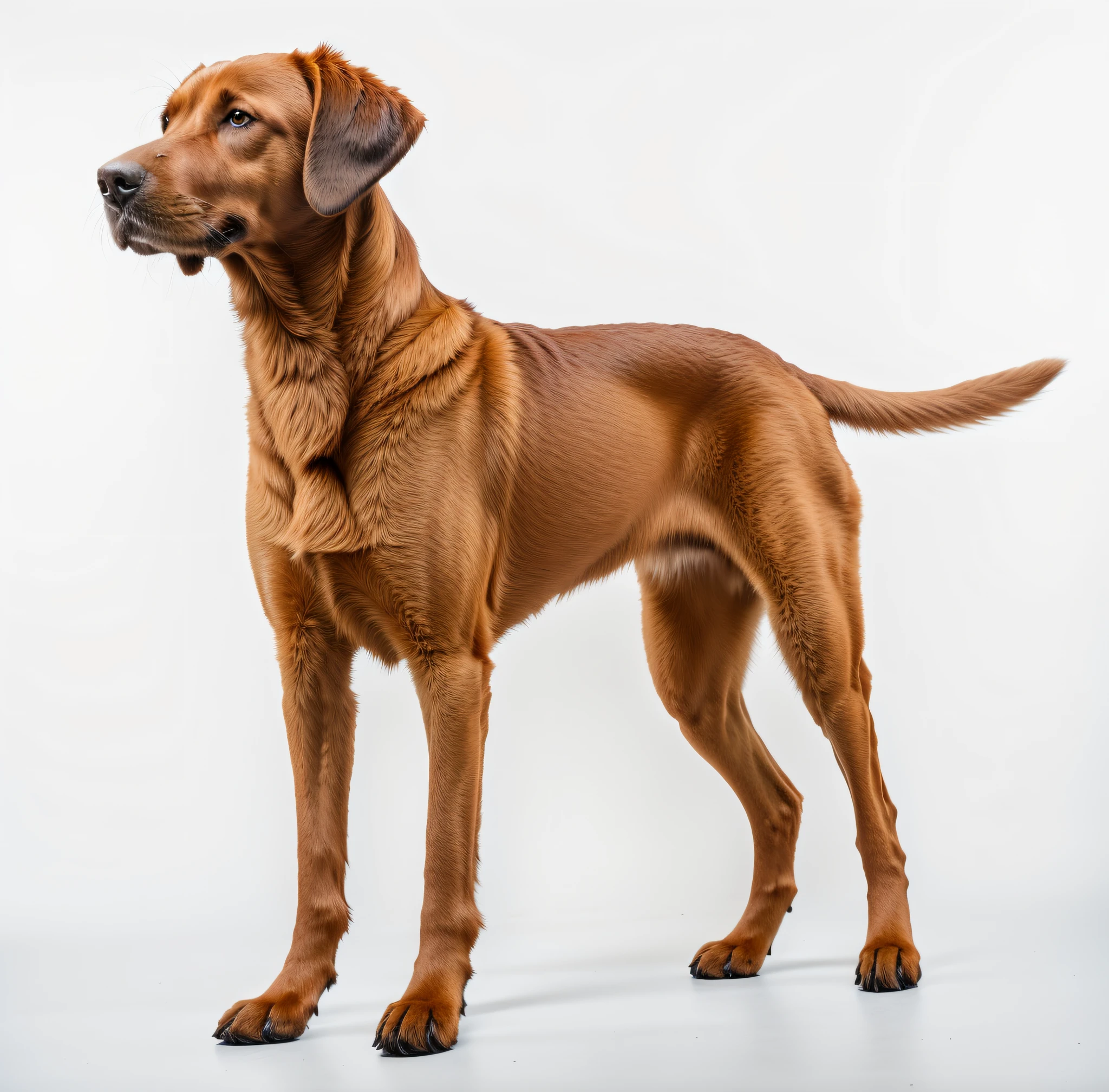 Brown Belgian Shepherd standing on white surface on white background, a Dog, doggy, adult dog, beautiful photograph, Tall portrait, An ancient, fully body photo, hyper realisitc, Three-quarters silhouette, (Best quality, 4K, high resolution, Masterpiece:1.2), Ultra-detailed, (Realistic, Photorealistic, photo-realistic:1.37), Stunning and handsome,,a variety of poses, full body shot of, profile posing, Labrador, full body profile, regal pose, shot in the photo studio, Full portrait