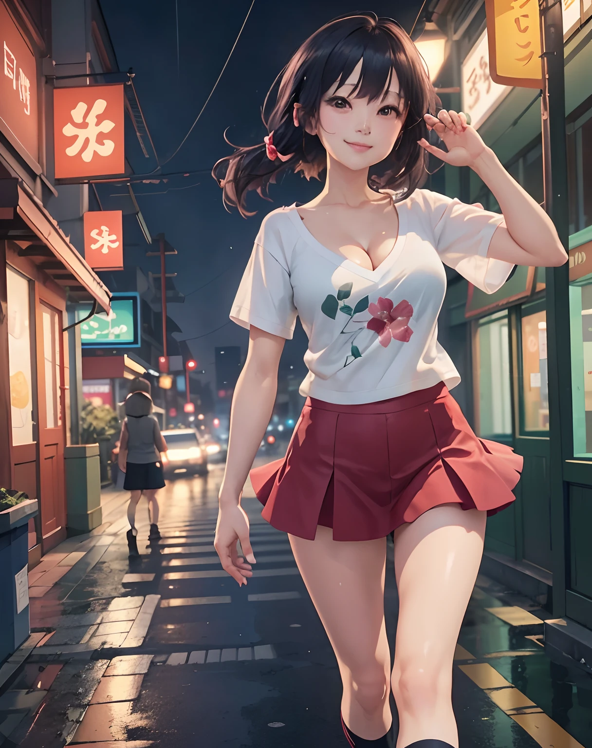 (8K, Best quality, Masterpiece:1,2), (Realistic, photo-realistic:1,37), Top quality, Masterpiece, 1 girl,V-neck white T-shirt,Mini skirt,Red skirt,Socks,(dual horsetail),Beautiful and toned body, cleavage, Floral mini skirt, walking in the suburbs, Night background with light rain, In a store with a Korean-style shop light, Night atmosphere, tar roads, Seductive smile with dimples, Anime style,