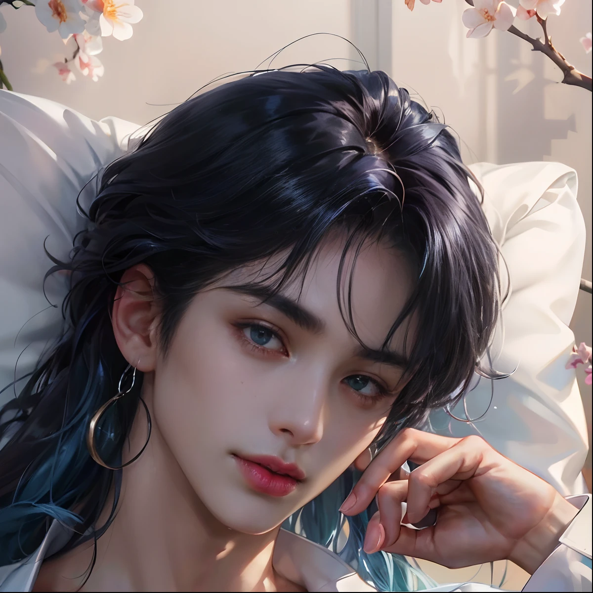 ((masterpiece)), ((High Detail)), ((best quality)), 1 Girl, Cute face, Dark blue hair,Slightly pink, t-shirt, Tattoo, Pink Eyes, permanent, Strike a pose, receptacle, black background, Beautiful Lights, portrait, close up