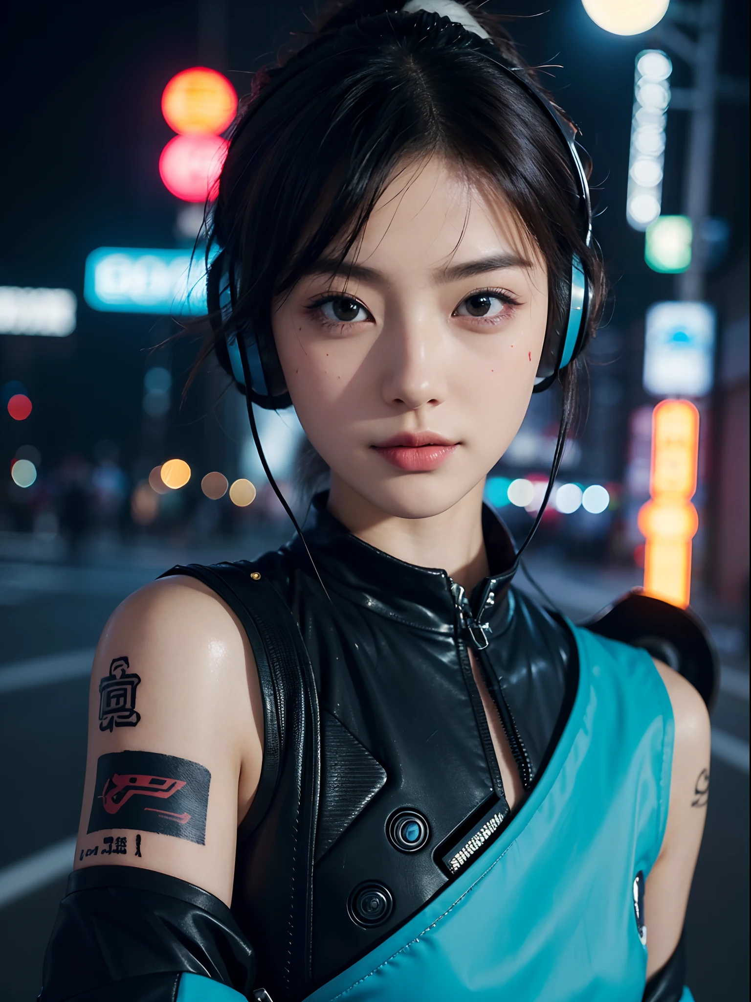 masterpiece、Group of 3 beautiful girls、A detailed face、A detailed eye、Detailed skin、top-quality、japanes、Illuminated from the front with bright lighting、profetional lighting、Always face straight ahead、The background is a little blurry、The background is a ruined cyberpunk neon street(It's night but bright)、short-hair、Cyberpunk costumes(Mechanical Battlesuit)Wearing、The tattoo、full bodyesbian、Portrait wind、headset on head、part of the hair and the color of the costume and tattoo is white、