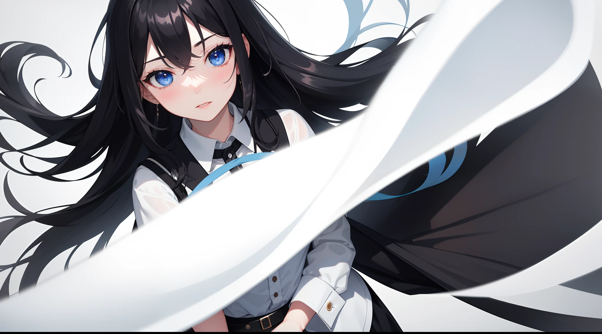 solo, 1 mature woman, long black hair, blue eyes, white shirt, black skirt, pov, 8k resolution, ultra-detailed, masterpiece, highest quality, blush,