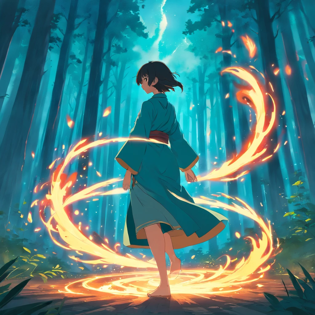In a forest full of red flames, The essence of magic is formed through a person, His hair was as black as a shadow,His eyes were brilliant golden flames. There is a mysterious mark on his neck, Flashing with latent power. In the open space, He stood in a torrent of flames, The heat of fire is tempered by otherworldly energy. As magical flames hover and dance, It is reminiscent of a whirling dance of luminous particles, Each one was a fragment of his ethereal aura. Mysterious symbols materialize in mid-air, Their light cast an eerie glow under his intense concentration. The scene exudes an ancient sense of power and hidden knowledge, As if the woods themselves were full of long-forgotten secrets. Mood is one of the intensities of tranquility, The balance of nature and magic is intertwined. The illustration style captures this aura of mystery through detailed digital art, Combine complex lines with a vibrant color palette. --AR 16:9 --V 5