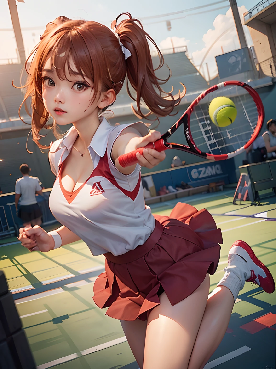 1 female tennis player,One guy,White shirt,Red skirt,Socks,double tails,(slenderness:1.3)、flipping skirt,Tennis racket in hand,dynamicposes,(stadio:1.5)、closeup cleavage、RAW photography, top-quality, A high resolution, (tmasterpiece), (Photorealsitic:1.4),foco nítido, NFFSW, 8K分辨率, intricately details, depth of fields, the Extremely Detailed CG Unity 8K Wallpapers, Frontlighting,