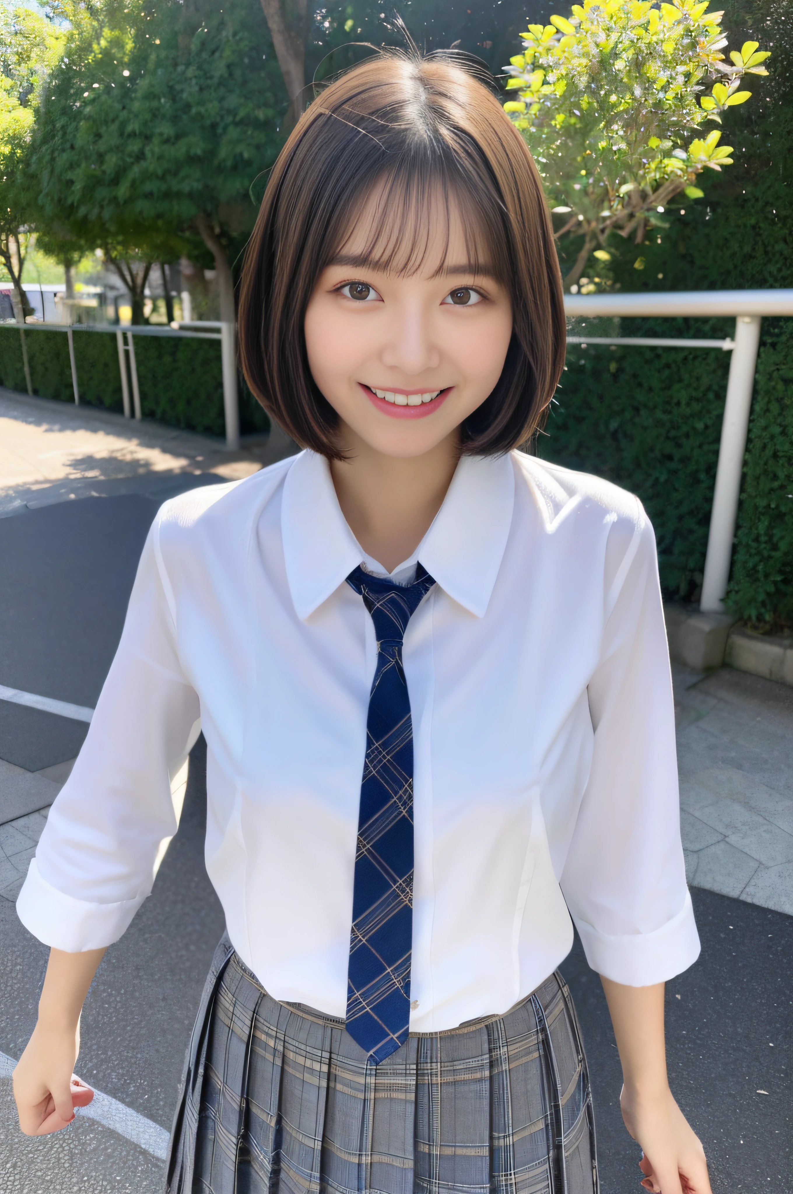 top-quality,masterpiece,Raw photography,8K,Top image quality,hight resolution, 18 years old Japanese female idol ,Beautuful Women,cute Japanese girls, Pretty Woman ,Beautiful face in every detail, ,small head, seductive smile ,Realistic human skin, pale skin ,cut model , Short hair ,bowl cut ,skinny body , school uniform , leaning forward ,put left hand on, contrapposto, school uniform, look at viewer, face focus , face closeup ,from above , classroom