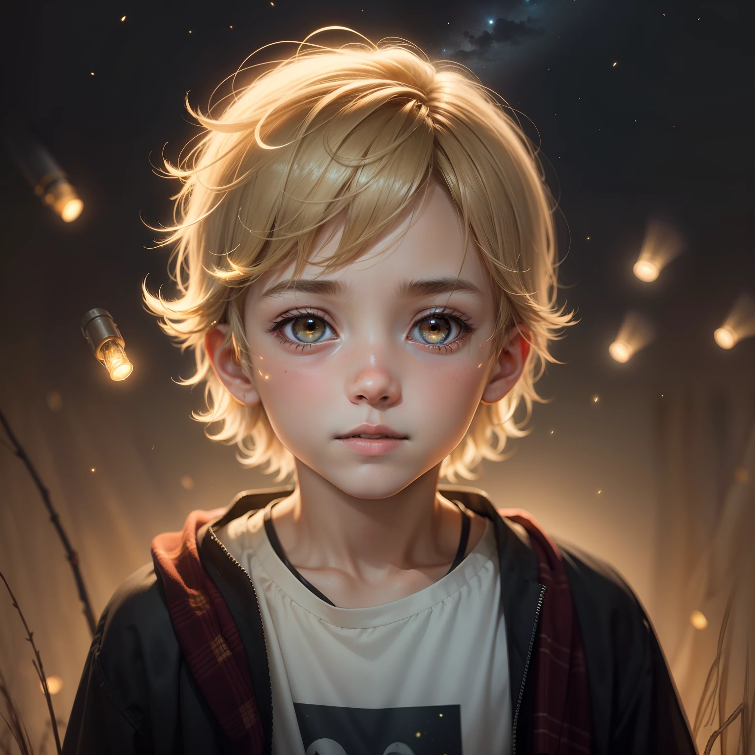 The light of fireflies at night shines on the boy's face