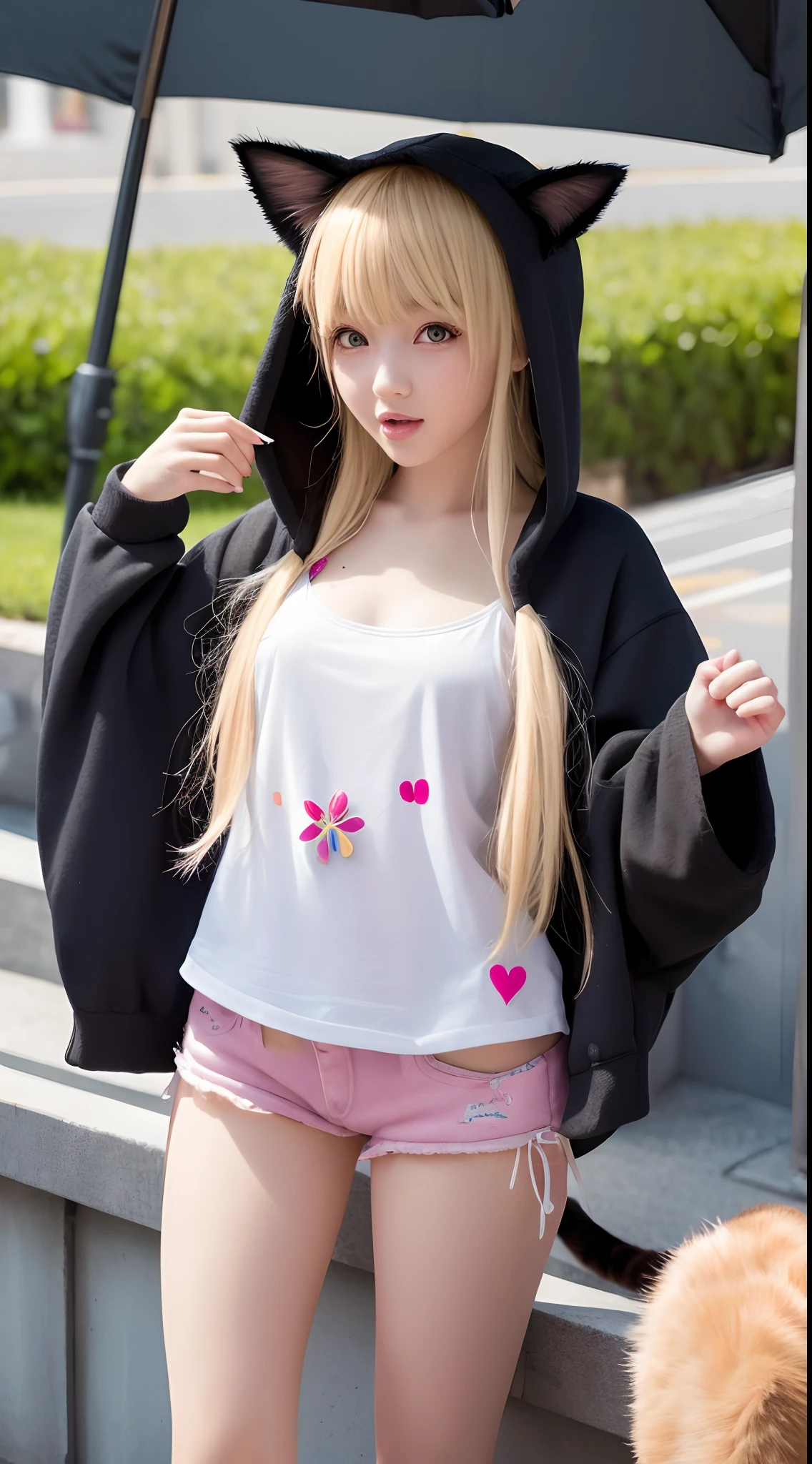 (Masterpiece), (Highest quality), (illustration), (Super detailed), (high resolution), Absurdity, One girl,vibrant, Spirited, cheerful big breasts,Lively, Positive, Energetic ,(kagamine-rin), (vocaloid), Smile, Long hair, hair pin, (Cat-eared hoodie), Wear a hood, Moe Sleeves, Blush, Black shorts, (Blonde), Very cute girl, small, Young, Delicate, Outdoors, Attention on Girls