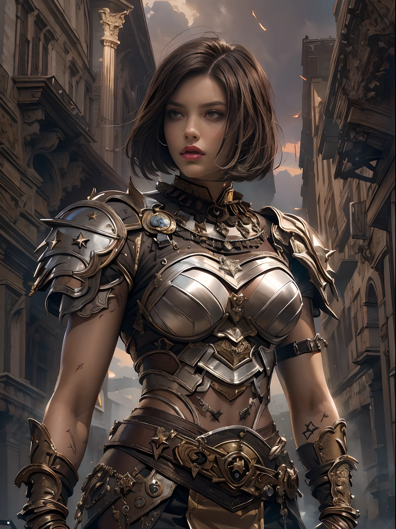 (((of the highest quality: 1.4))),(unparalleled masterpiece ever), (Ultra high definition),(Ultra realistic 8K CG), (((adult body))), (((1girl in))), ((( Bob Shorthair ))), Gladiators with perfect bodies,,Beautiful and well-groomed face,muscular body:1.4,Detailed breastplate, gauntlets、is standing, (Image from head to thigh),(( Dark Brown Bob Shorthair )),, Simon Bisley's urban savage style,Detailed ancient Roman background,Clean abs, Complex equipment, Dark brown with white stars and gray and white stripes,,,s Armor, Poison tattoo